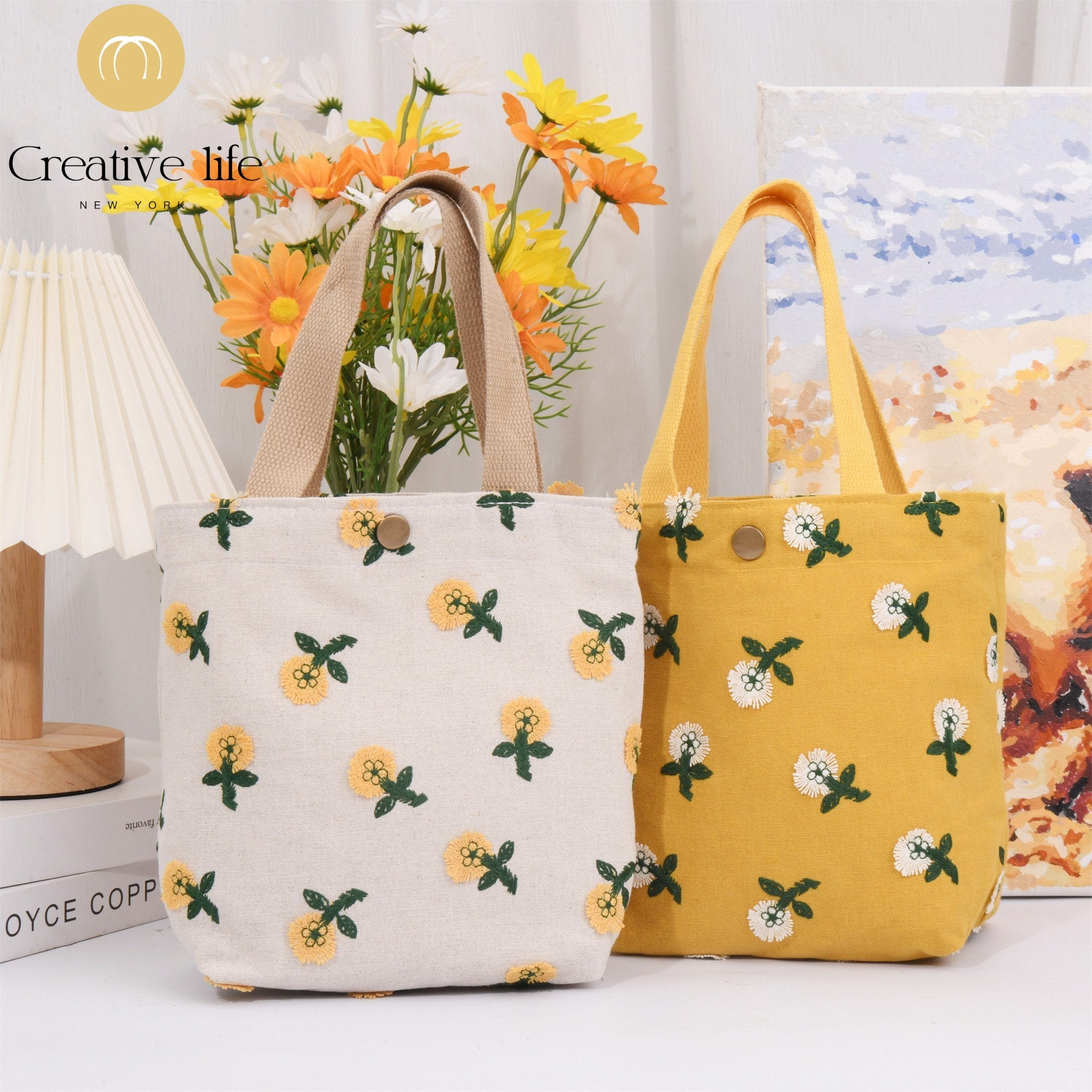 Handmade Cute Cotton Linen Flowers Embroidery Tote Bag
