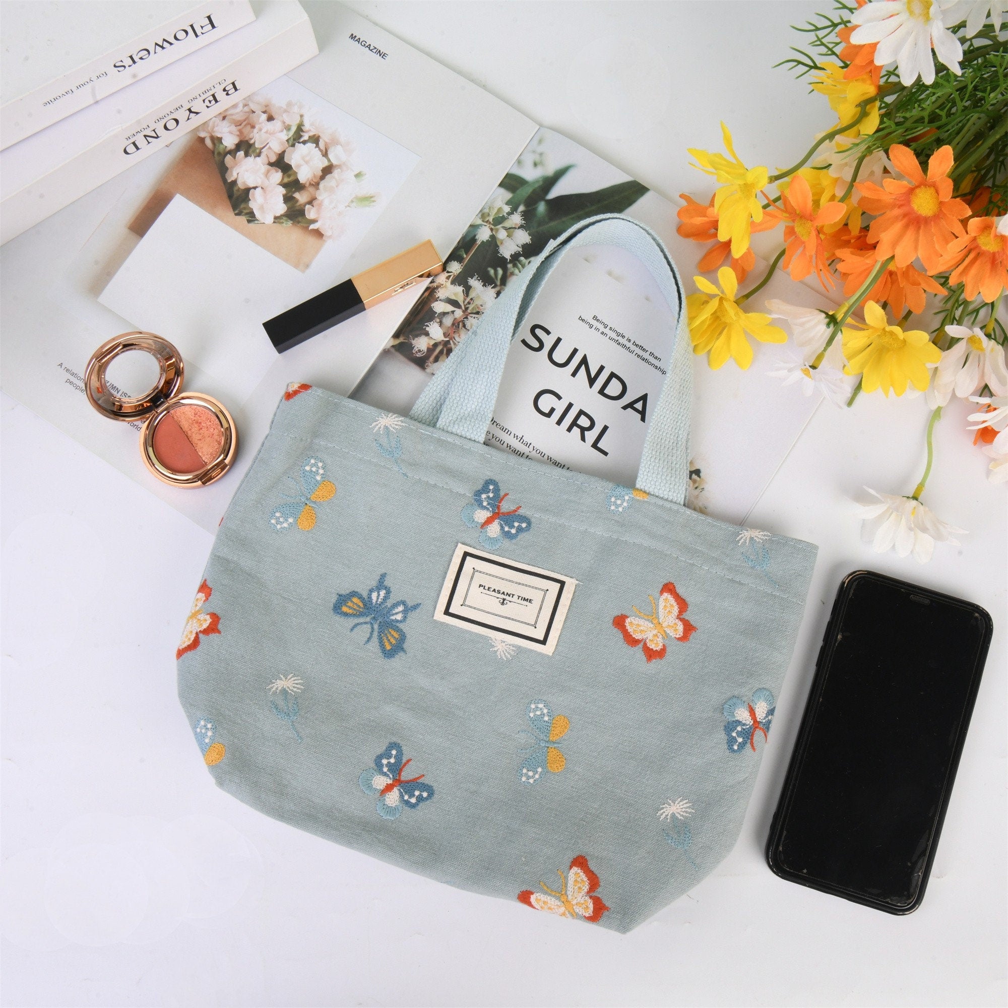 Handmade Butterfly Embroidery Tote Bag with Pocket
