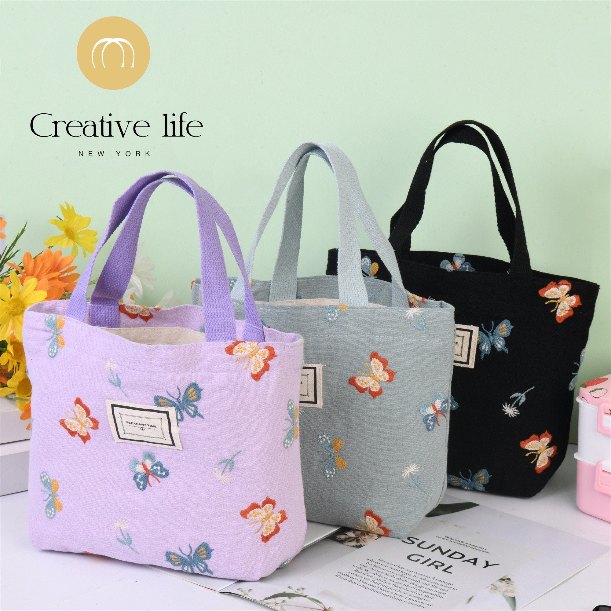 Handmade Butterfly Embroidery Tote Bag with Pocket