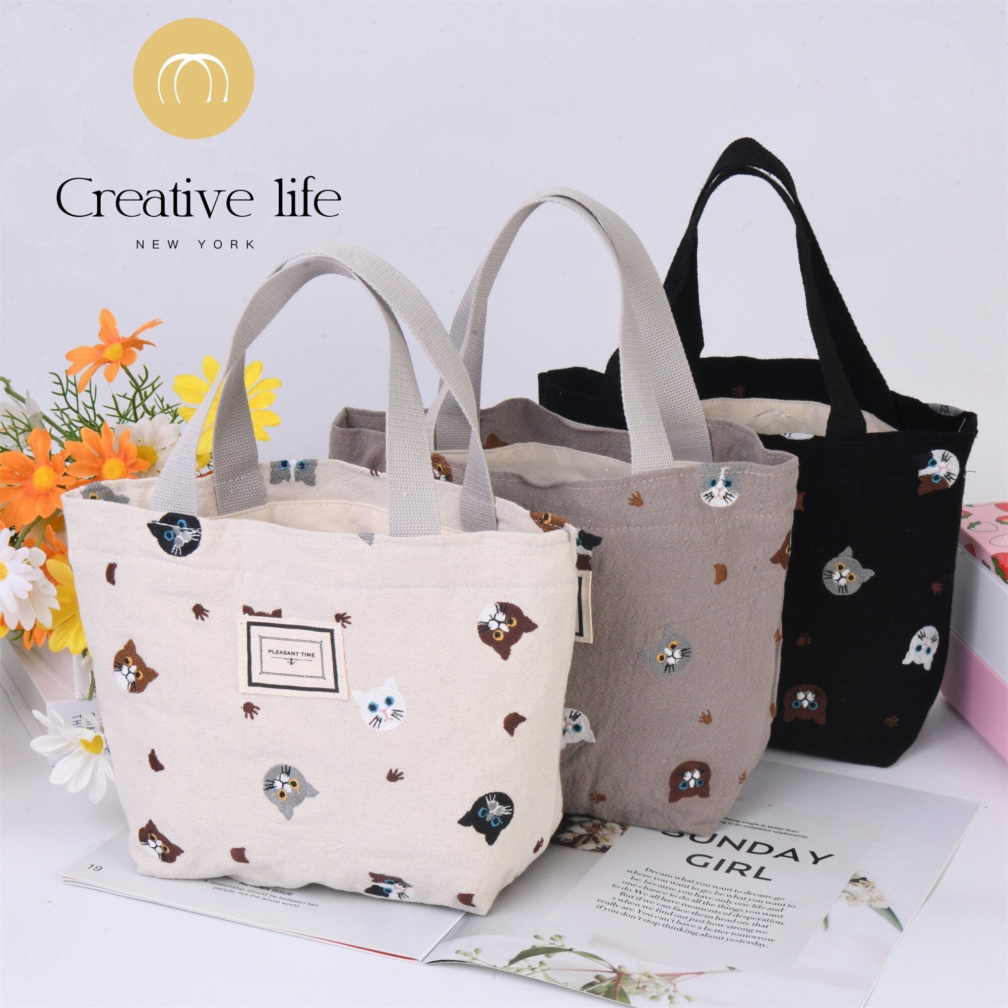 Handmade Cat Embroidery Tote Bag with Inner Pocket