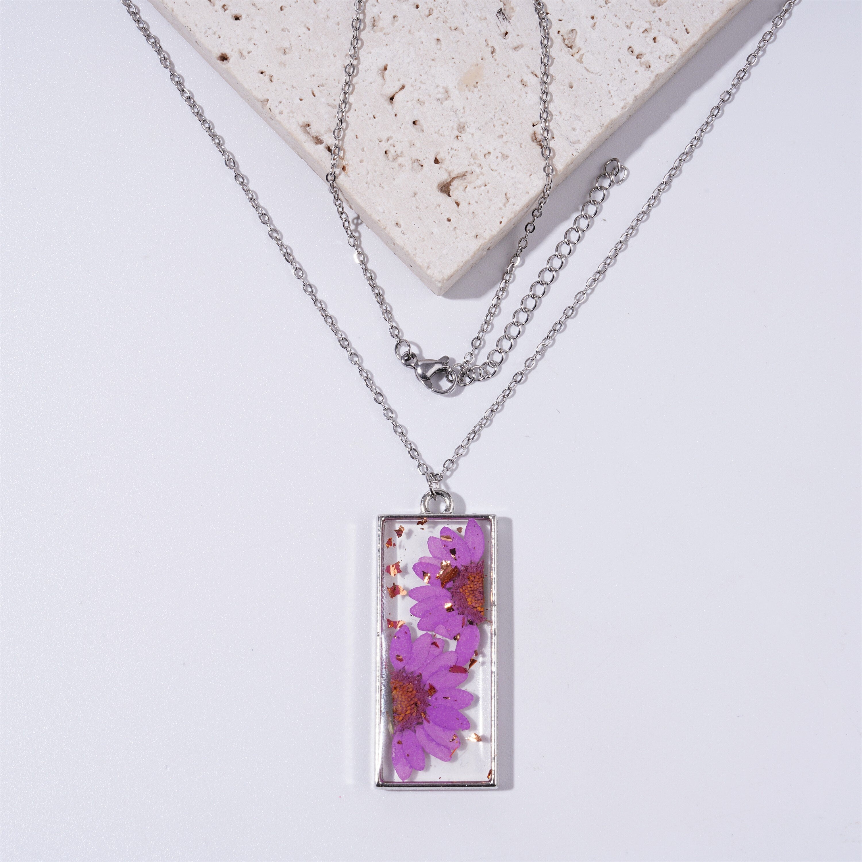 Handmade Rectangle Flowers Necklace Resin Real Flower Silver Chain Pendant Jewelry