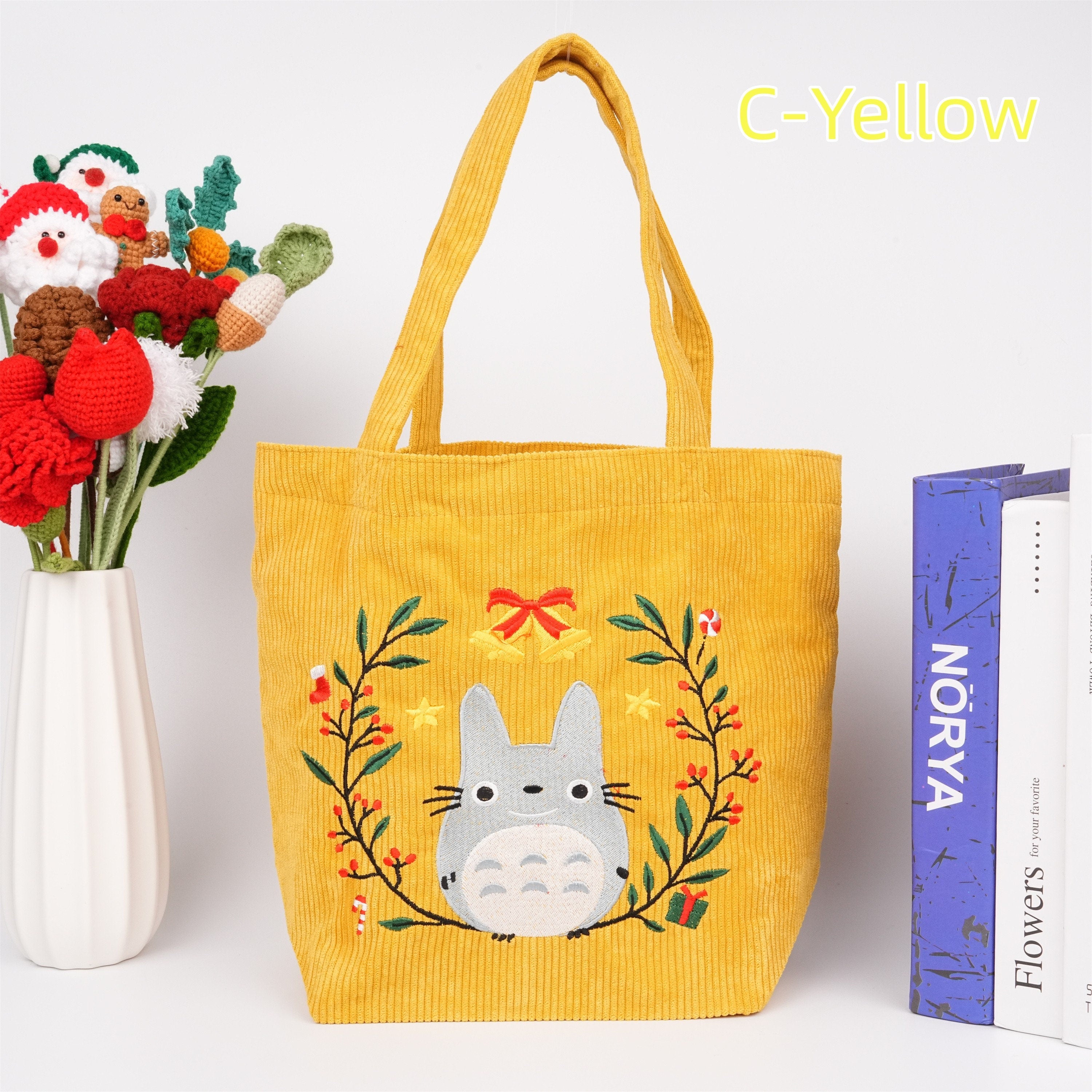 Handmade Embroidered Garland Totoro Corduroy Tote Bag