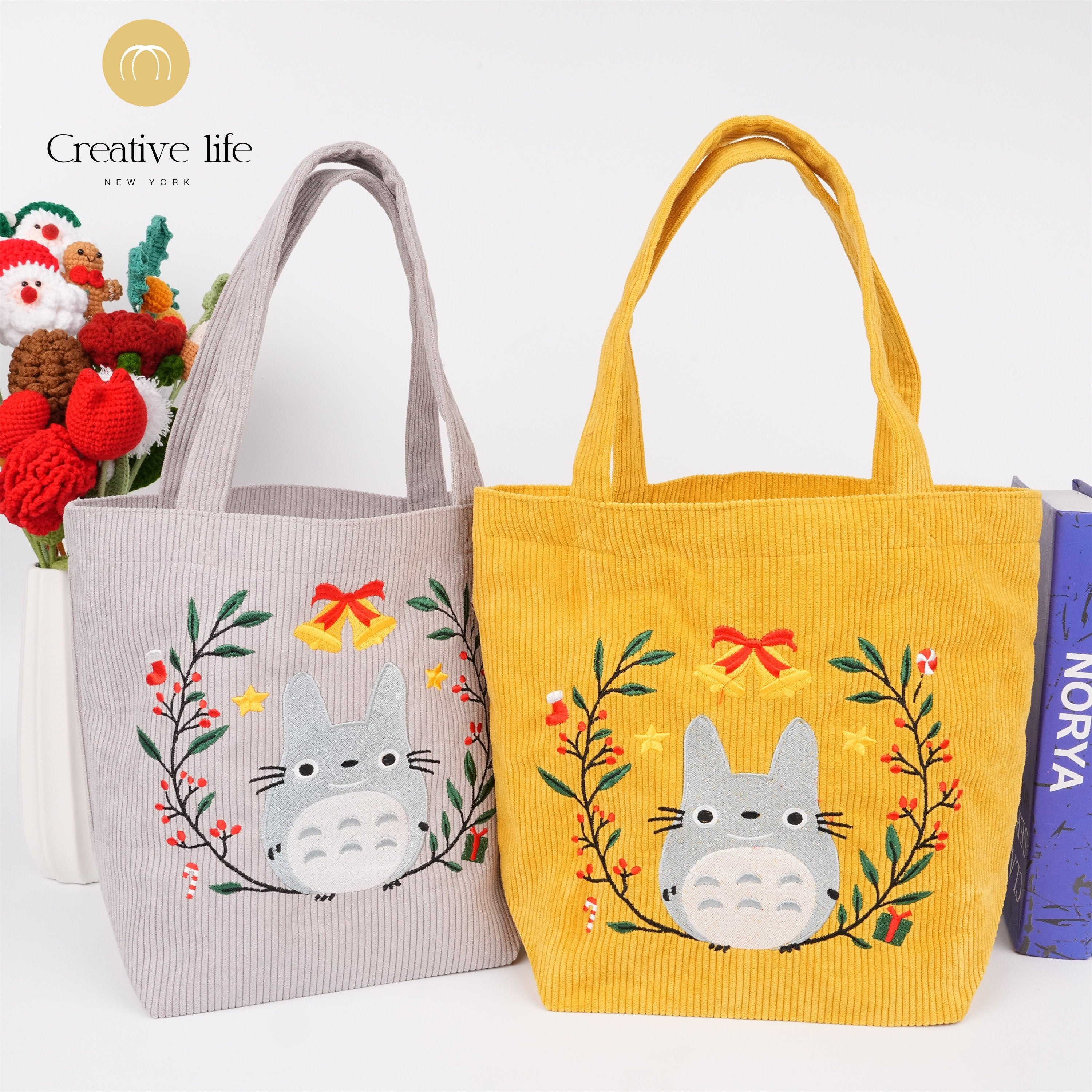 Handmade Embroidered Garland Totoro Corduroy Tote Bag