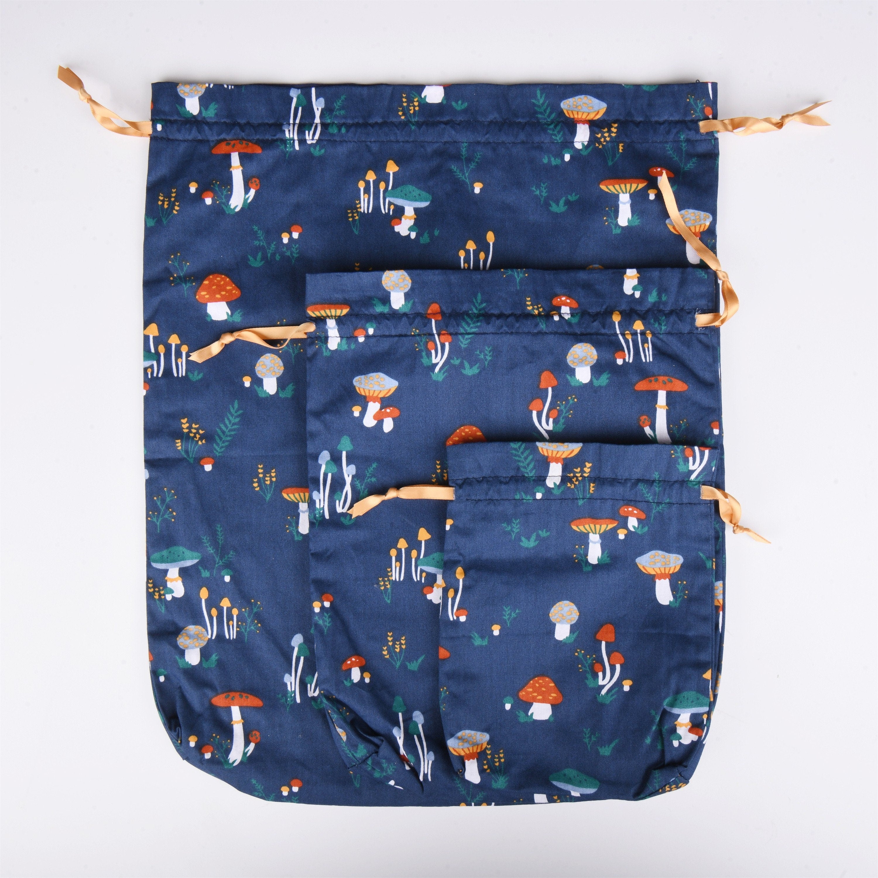 S/M/L Handmade Mushroom Blue Drawstring Gift Bags