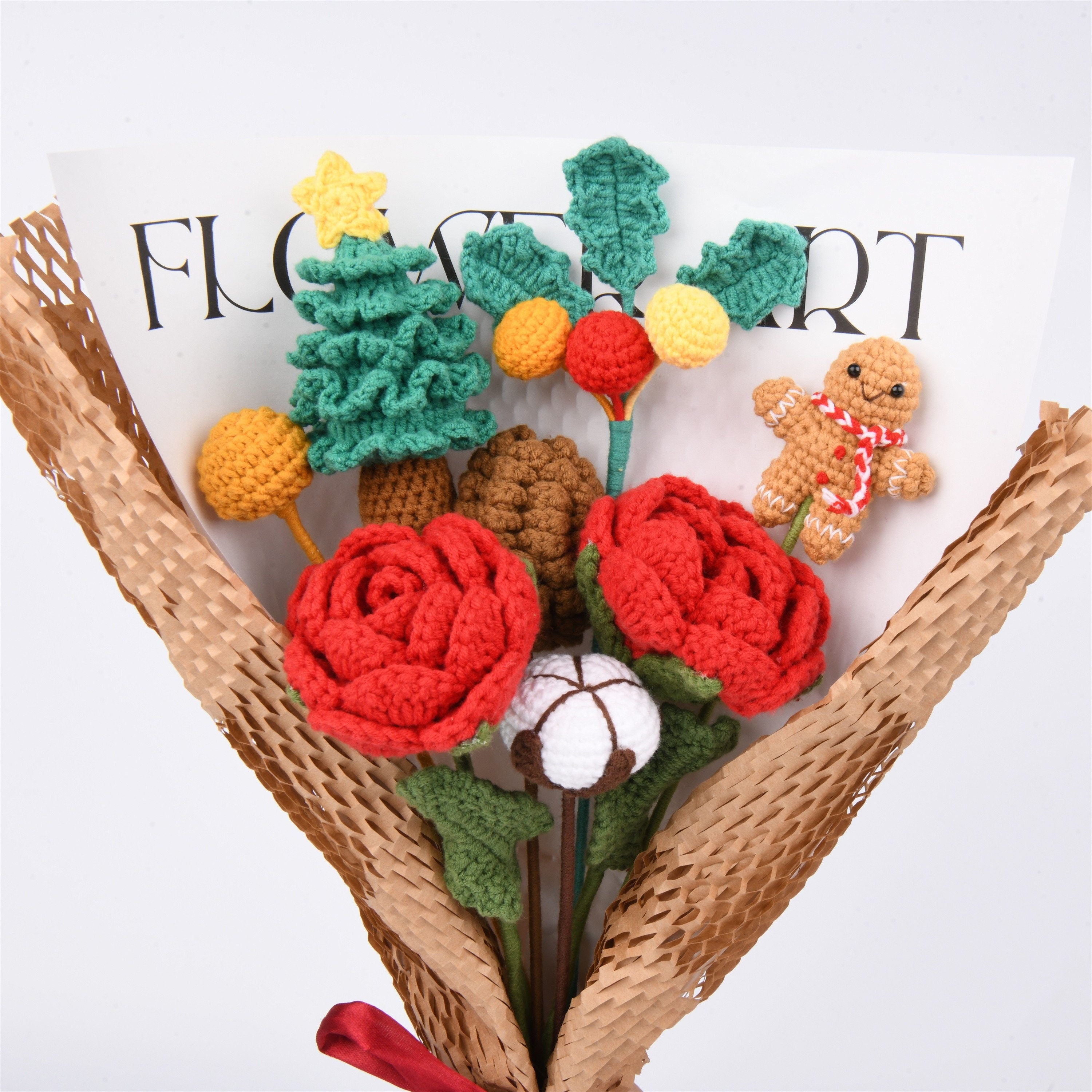 8PCS Handmade Rose/Gingerbread Man Crochet Bouquet