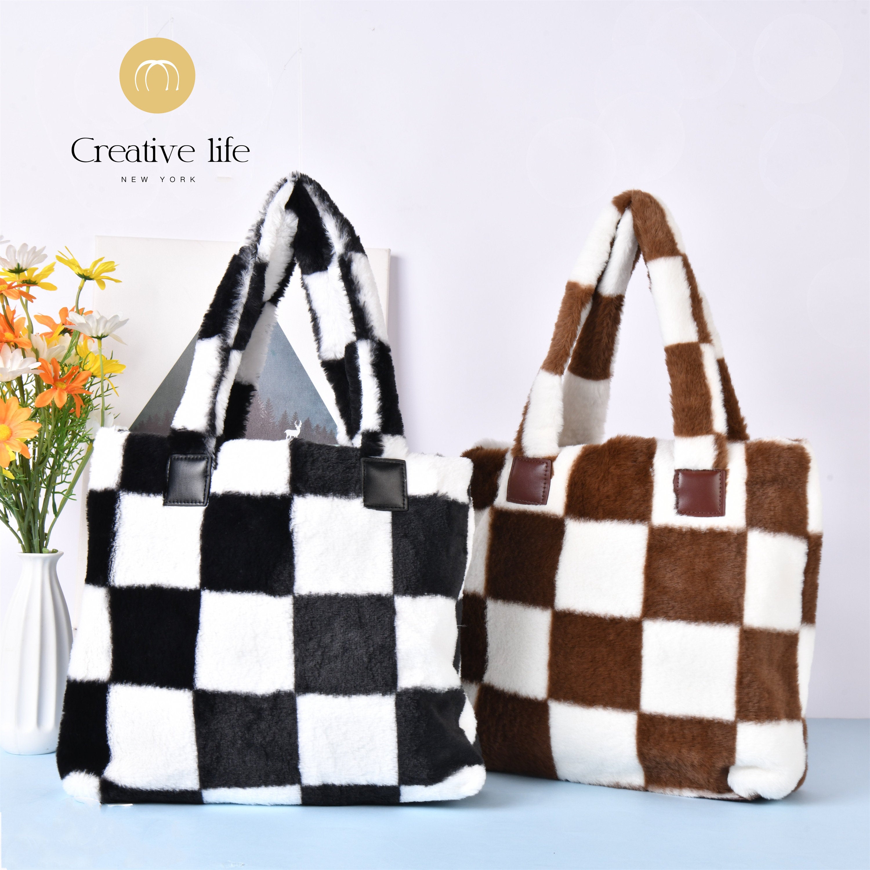 Checkerboard Plush Tote Bag with Magnetic Buckle