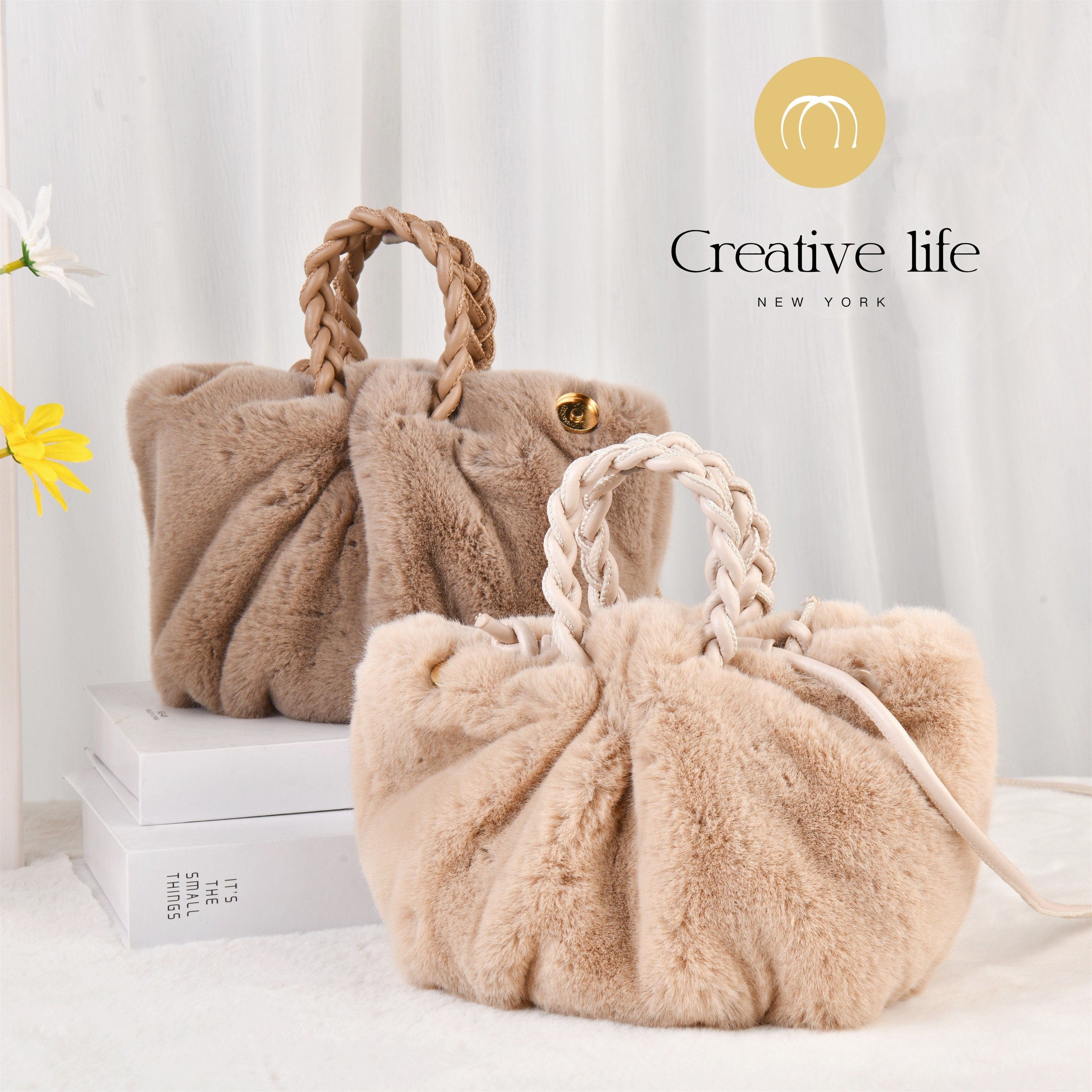 Brown/Beige Plush Tote Bag with Magnetic Buckle