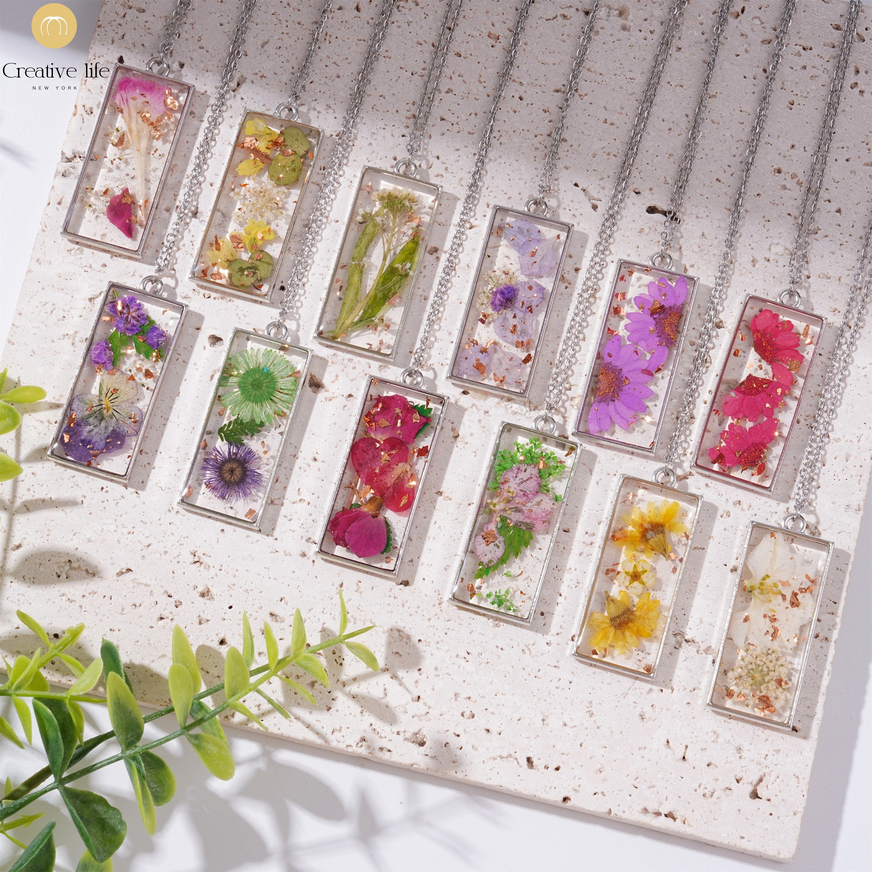 Handmade Rectangle Flowers Necklace Resin Real Flower Silver Chain Pendant Jewelry