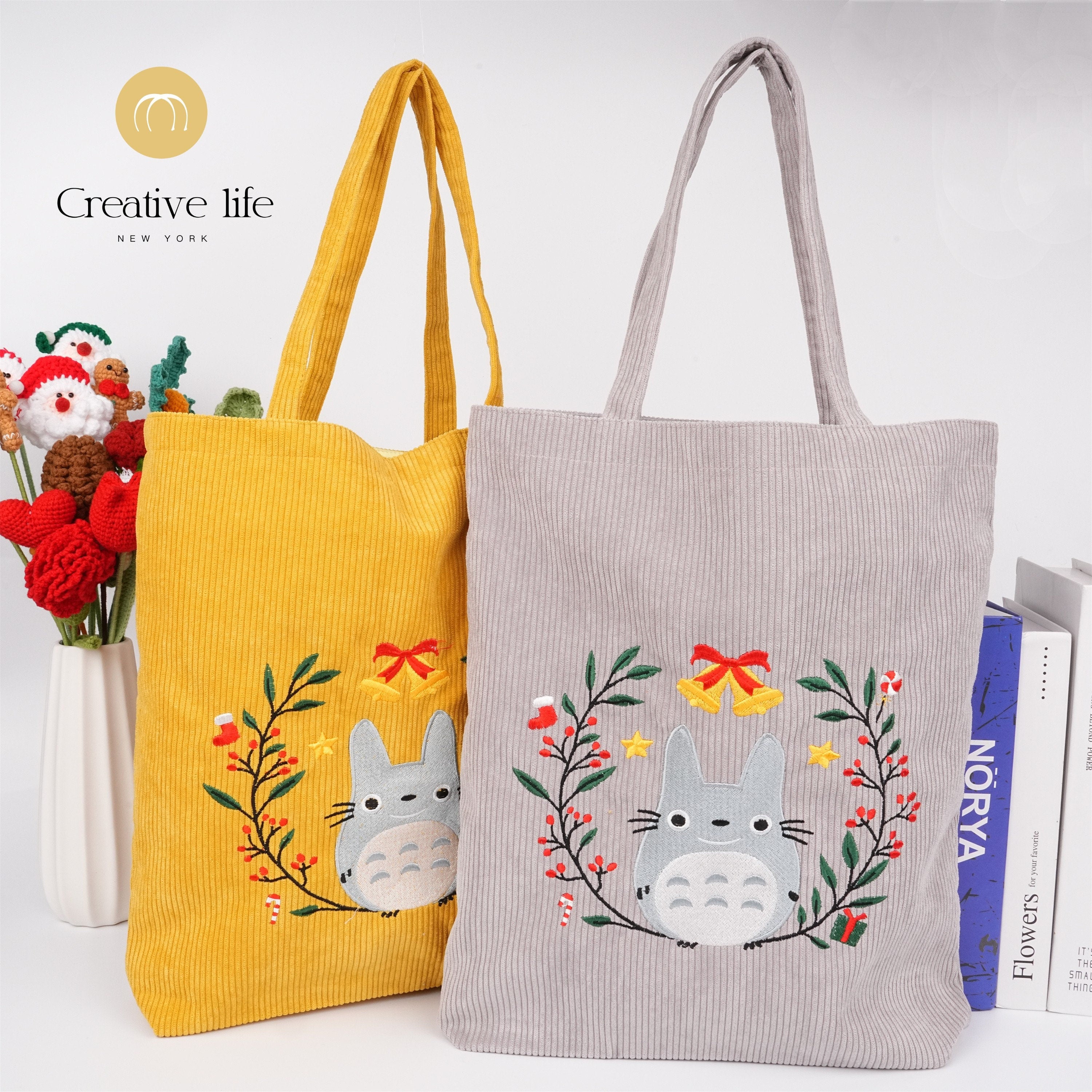 Handmade Garland Totoro Corduroy Anime Embroidered Tote Bag