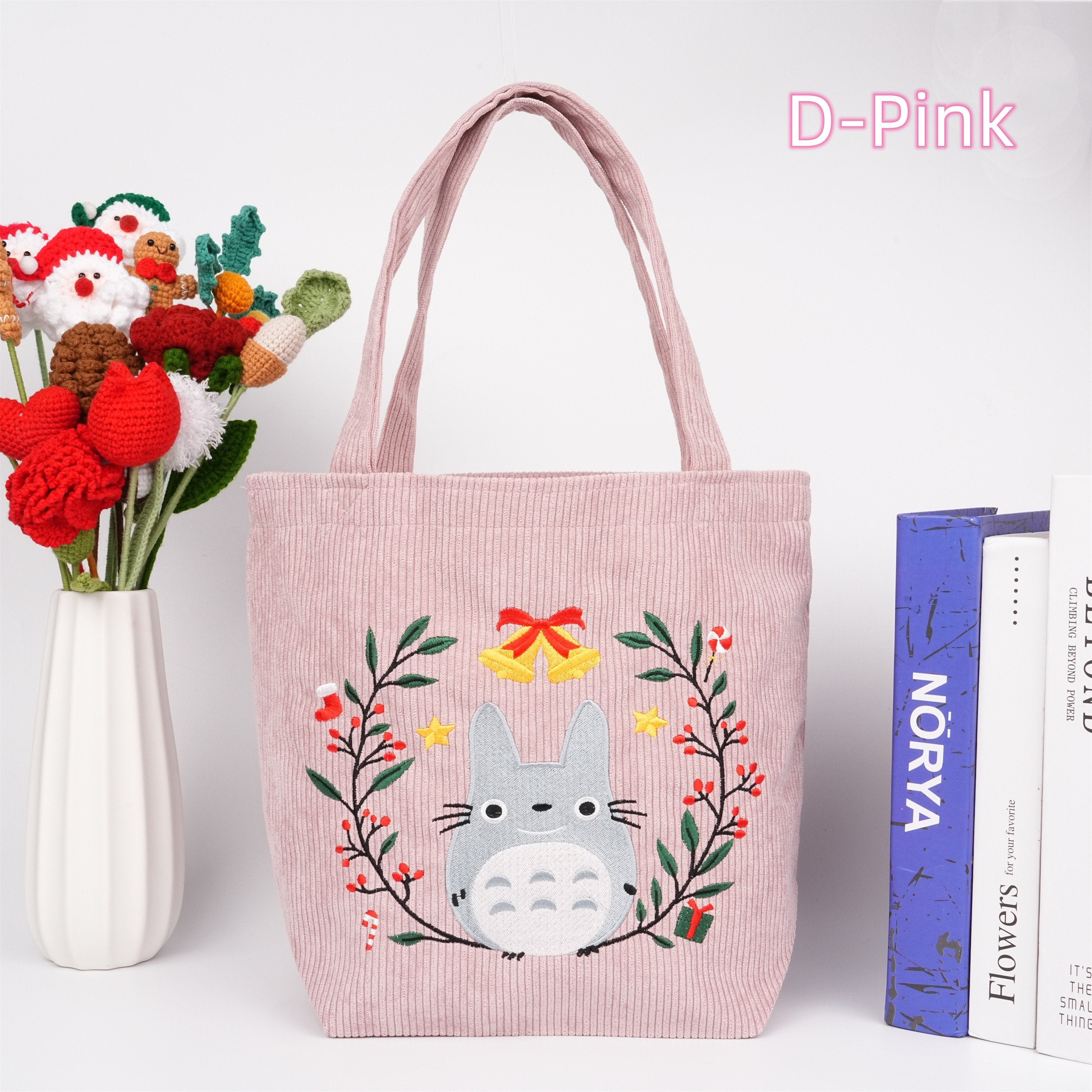 Handmade Embroidered Garland Totoro Corduroy Tote Bag