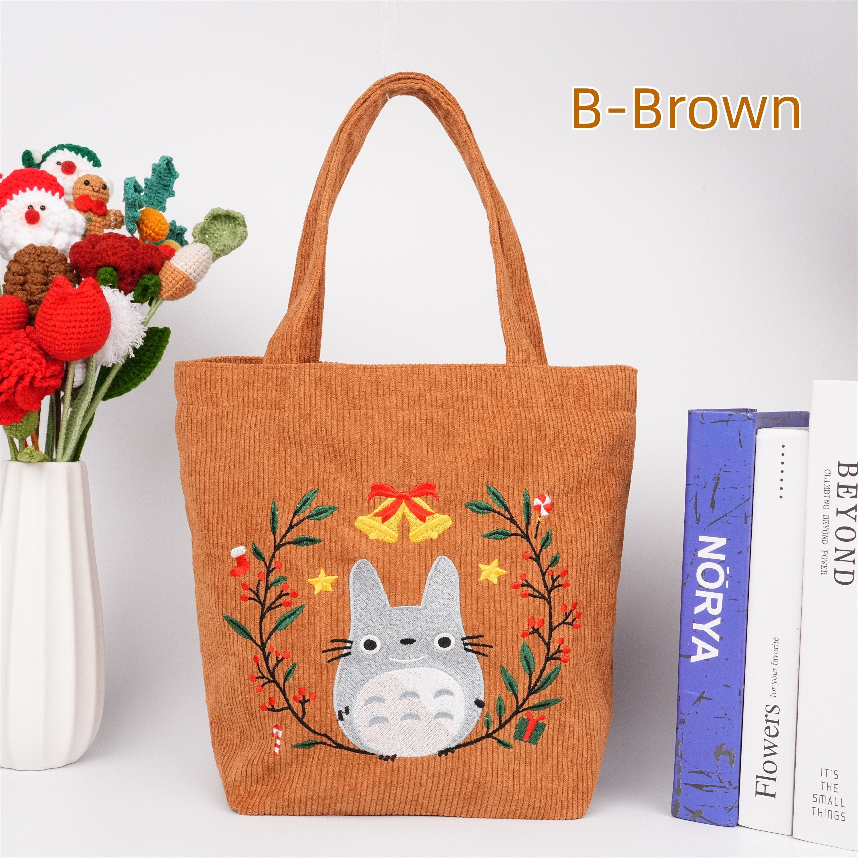 Handmade Embroidered Garland Totoro Corduroy Tote Bag