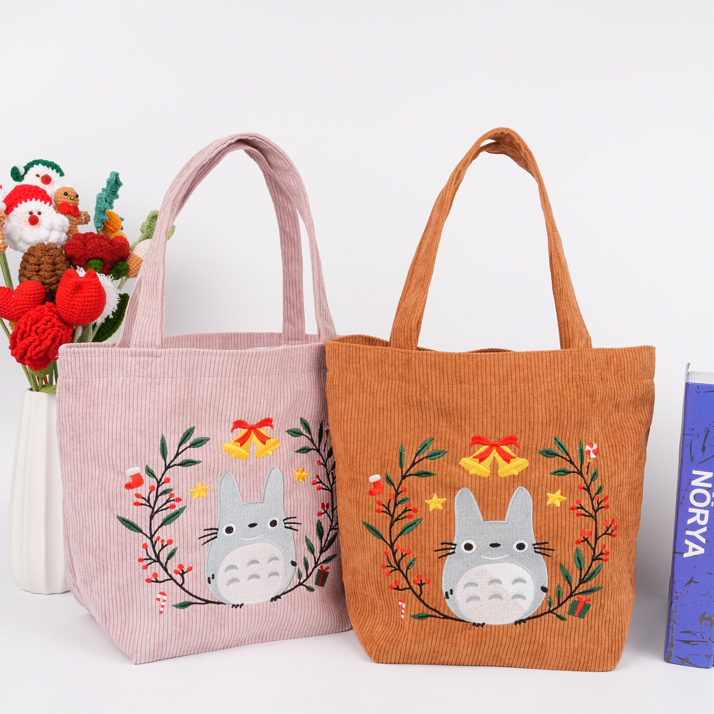 Handmade Embroidered Garland Totoro Corduroy Tote Bag