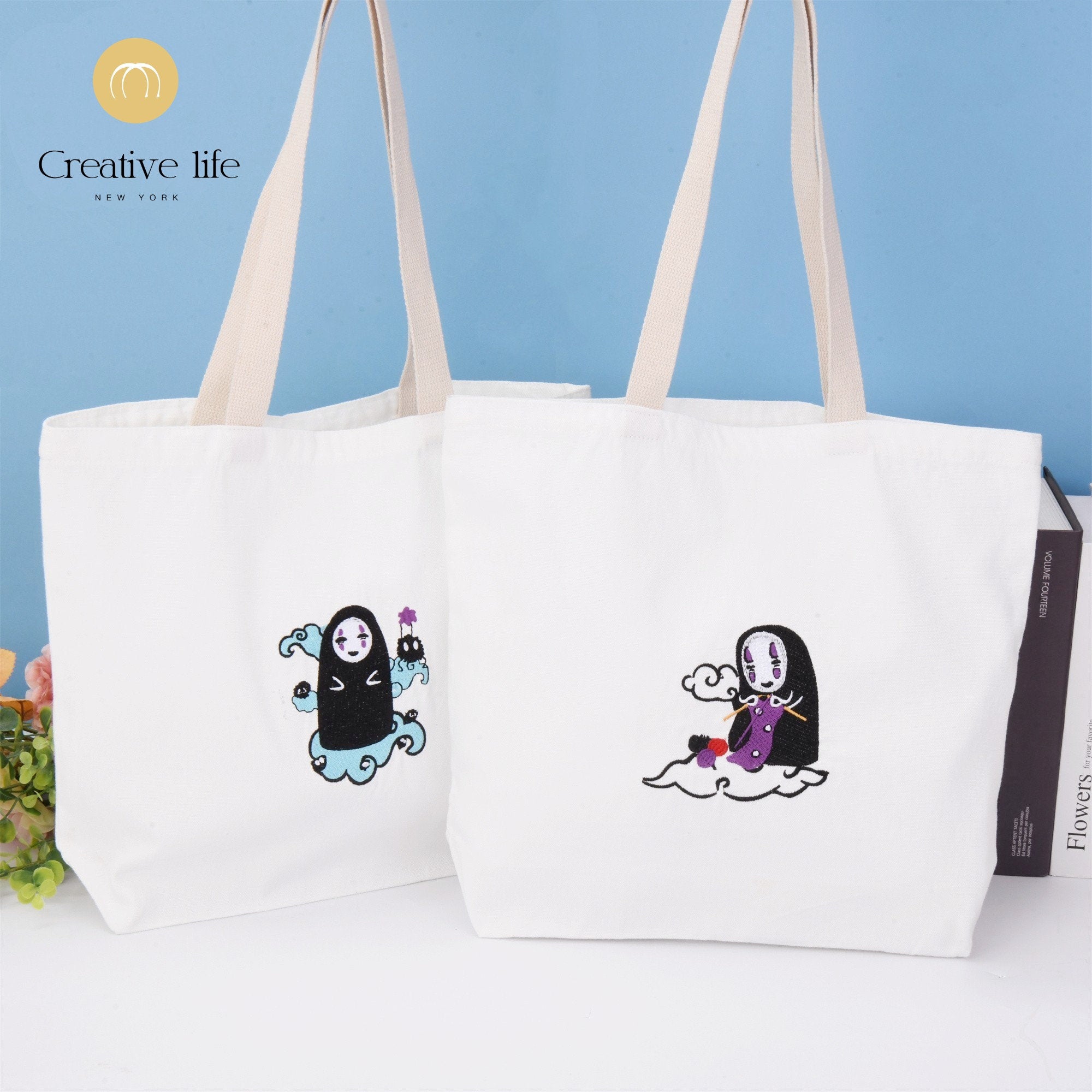 Spirited Away Embroidered No Face Man Canvas Tote Bag