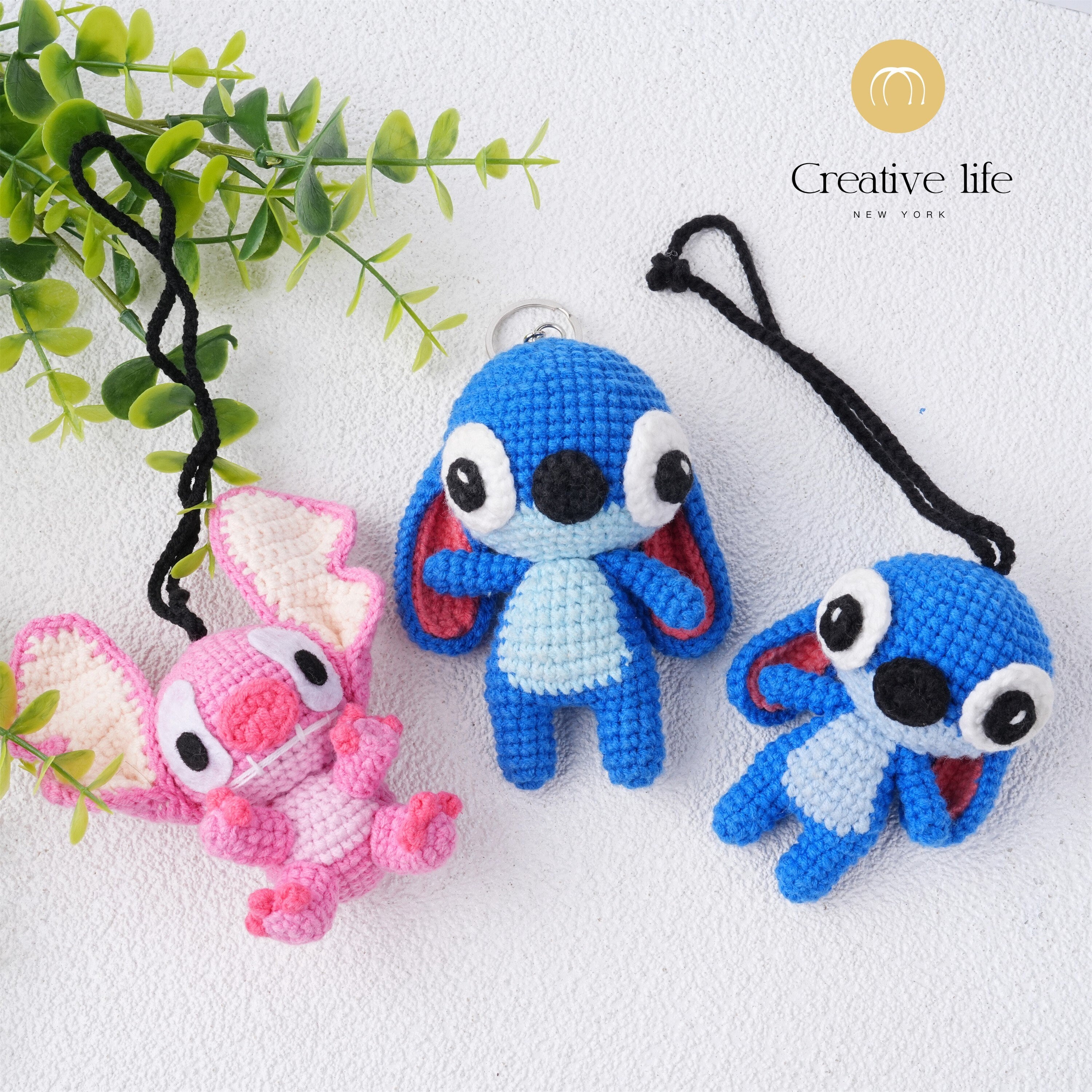 Handmade Crochet Cartoon Pink/Blue Stitch Car Pendant Keychain