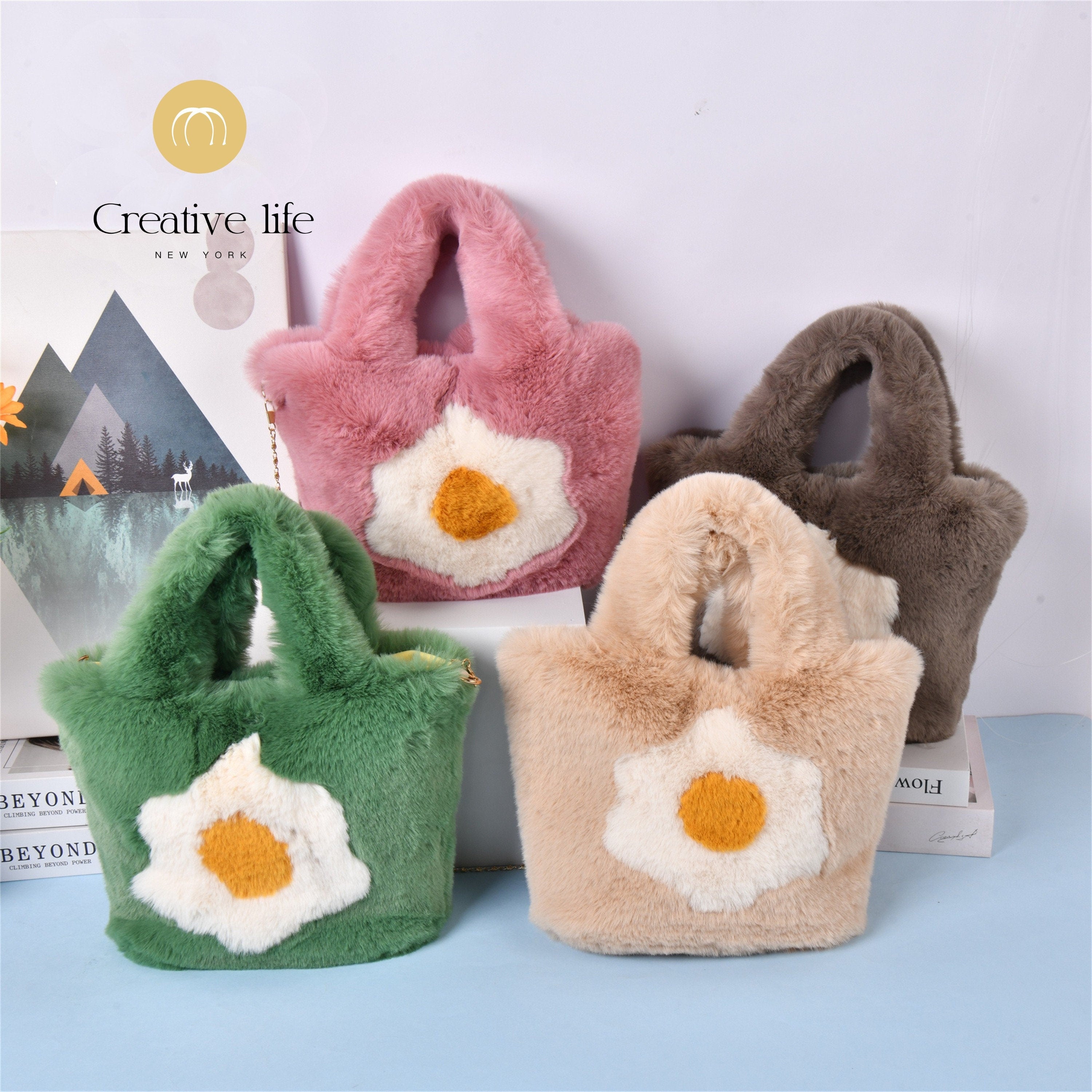 Egg Flower Plush Tote Bag with Magnetic Buckle