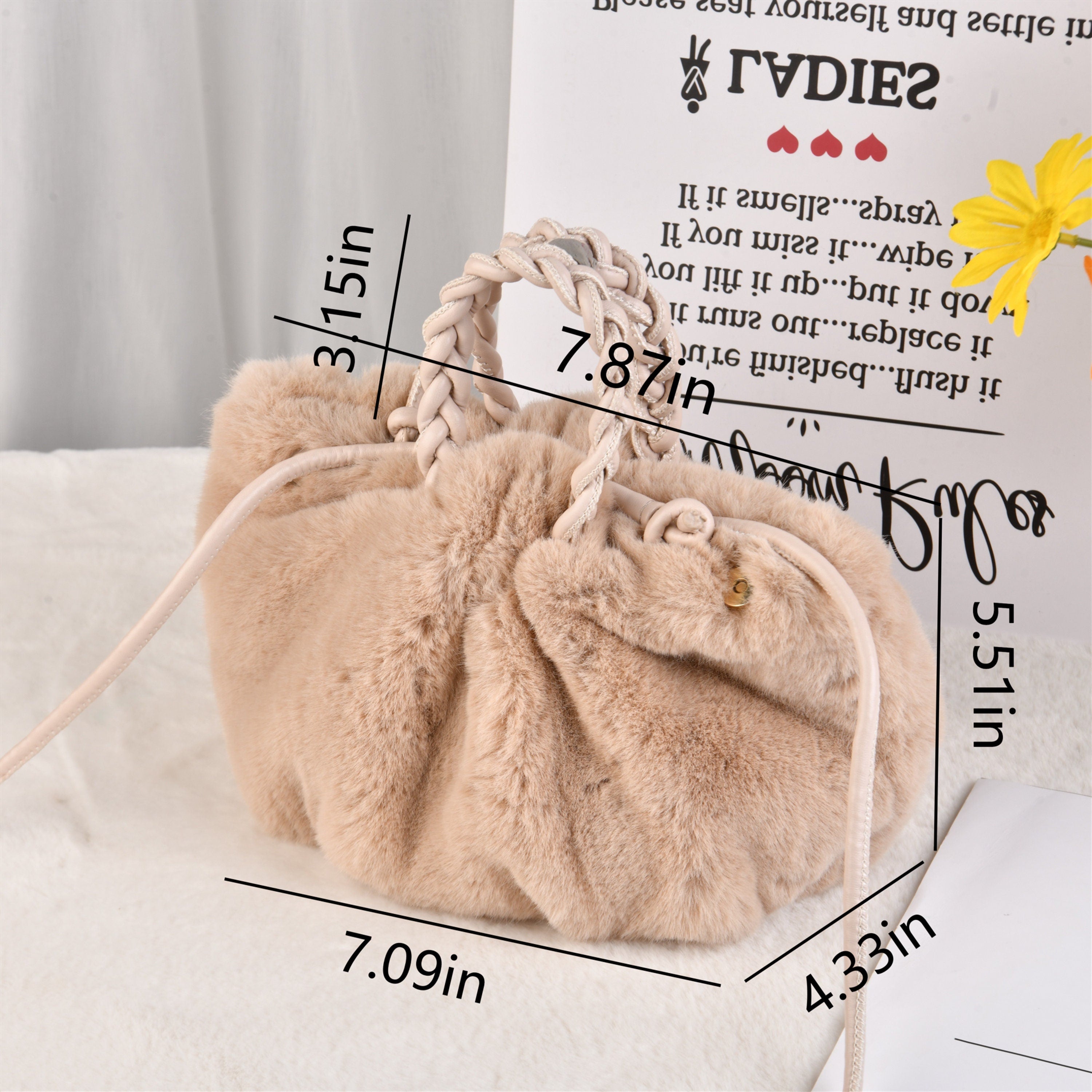 Brown/Beige Plush Tote Bag with Magnetic Buckle