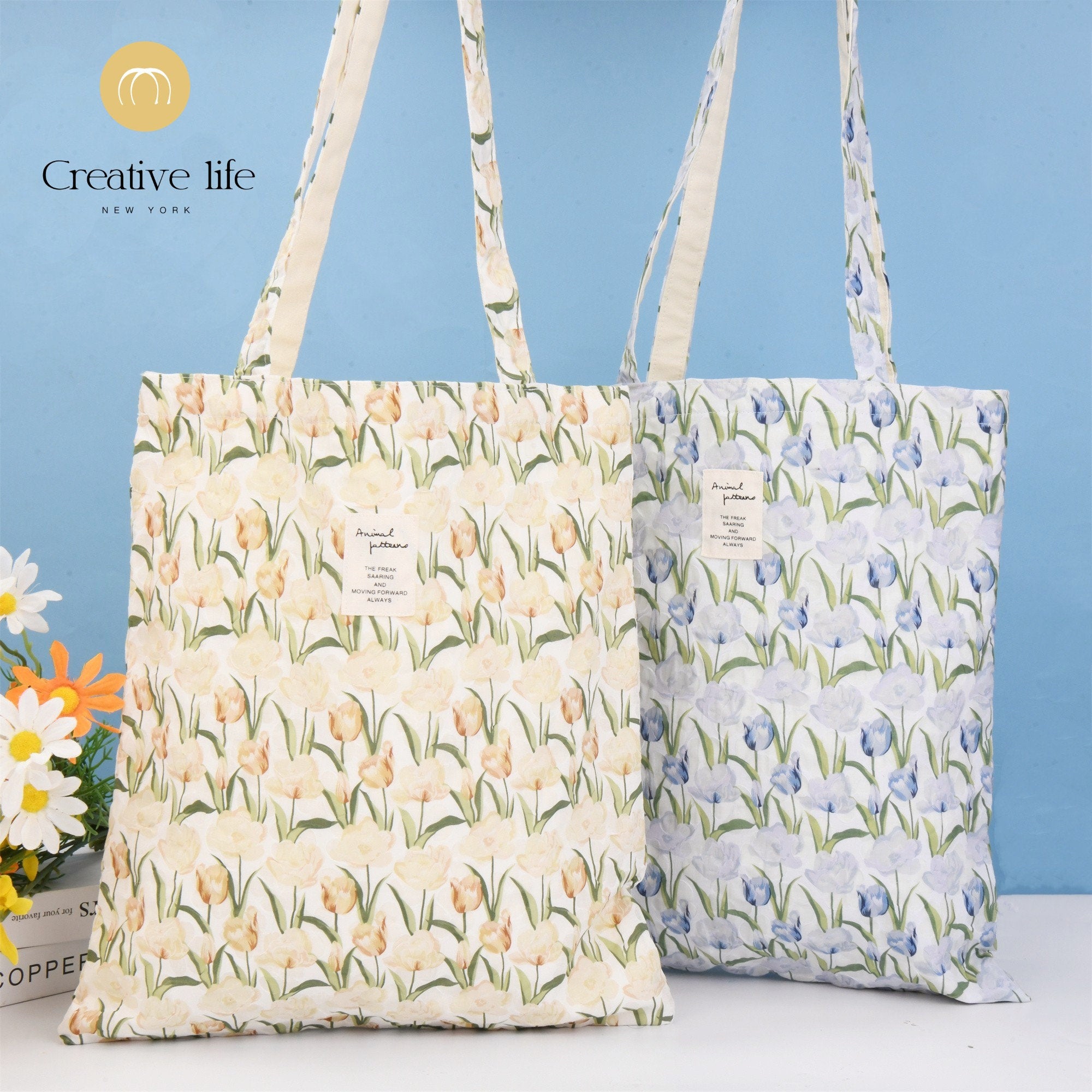 Handmade Blue Yellow Tulip Floral Tote Bag