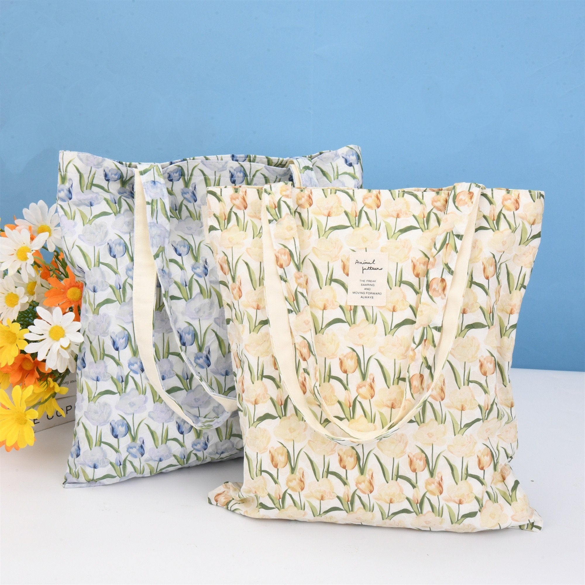 Handmade Blue Yellow Tulip Floral Tote Bag