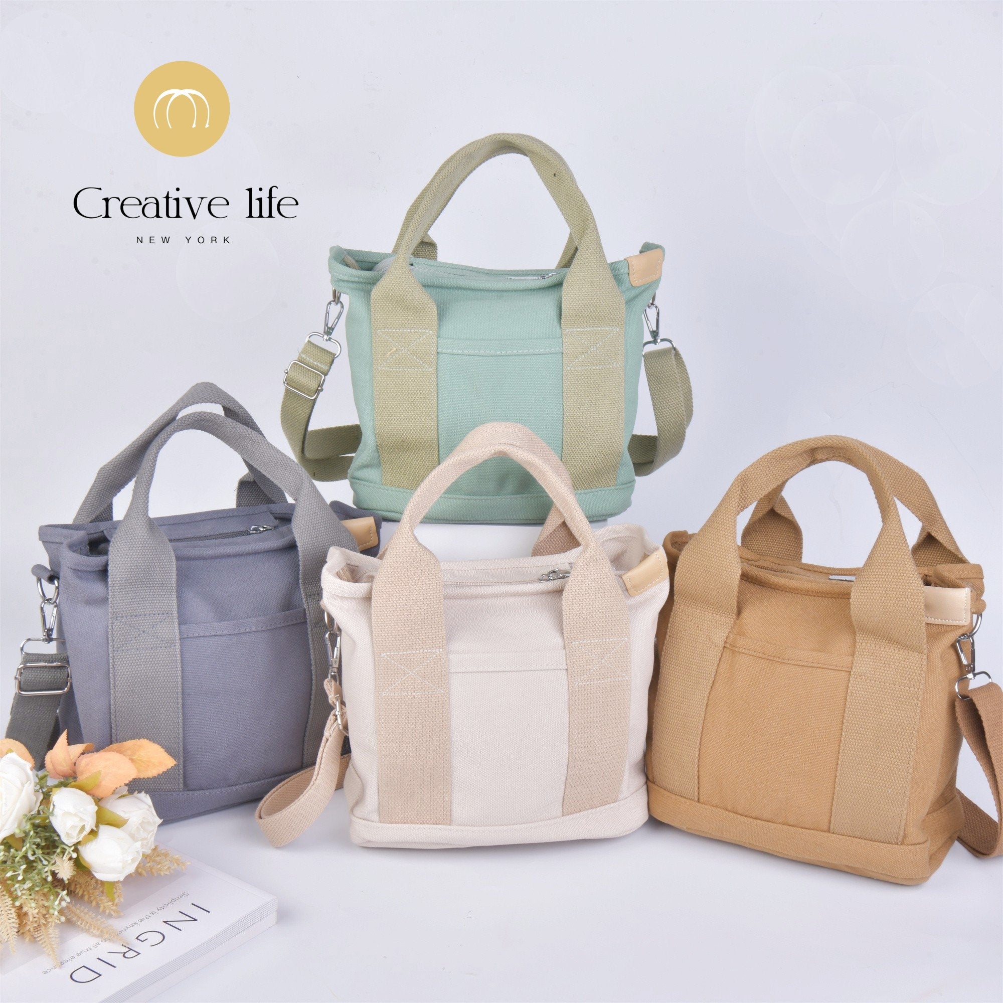 Janpaness Solid Color Tote Bag with Multi-Pockets,Large Capacity