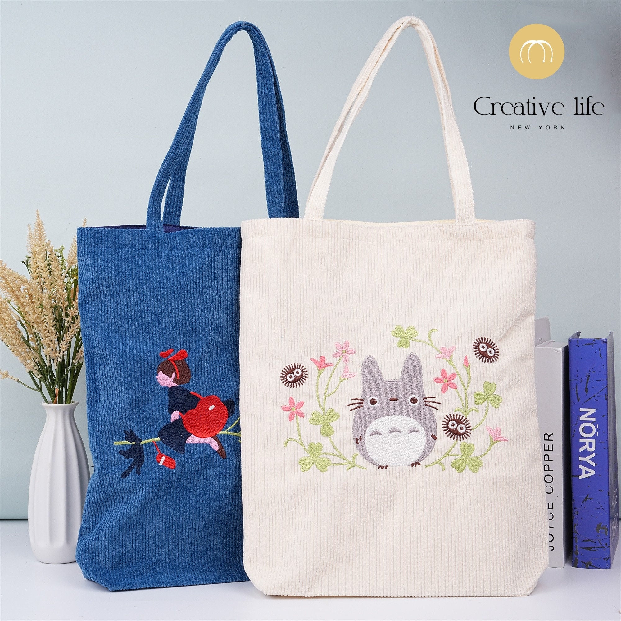 Handmade Totoro/Kiki/Black Cat Embroidered Corduroy Shoulder Tote Bag