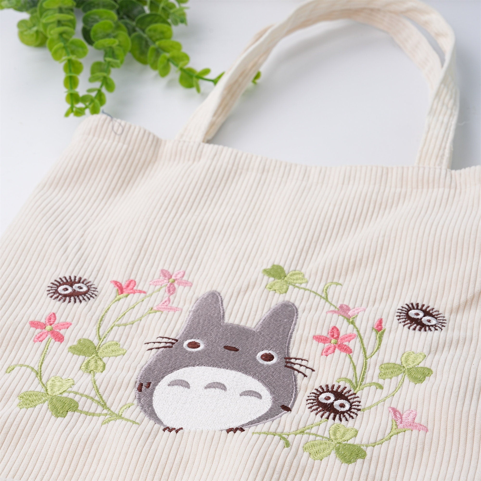 Handmade Totoro/Kiki/Black Cat Embroidered Corduroy Shoulder Tote Bag