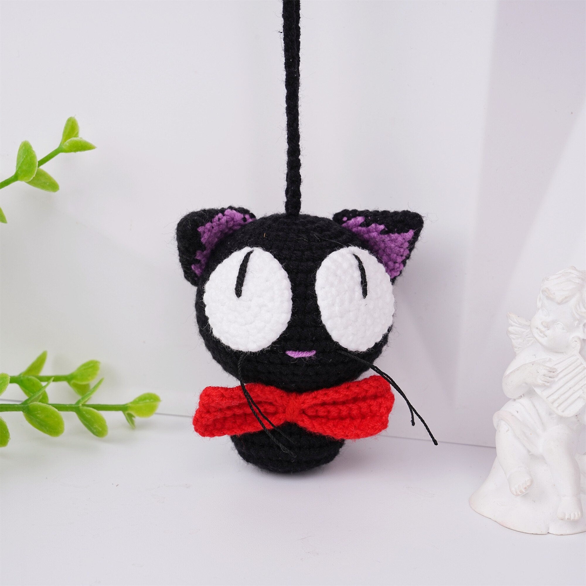 Handmade Knitte Red Bow Black Kitty Crochet Pendant Oranment