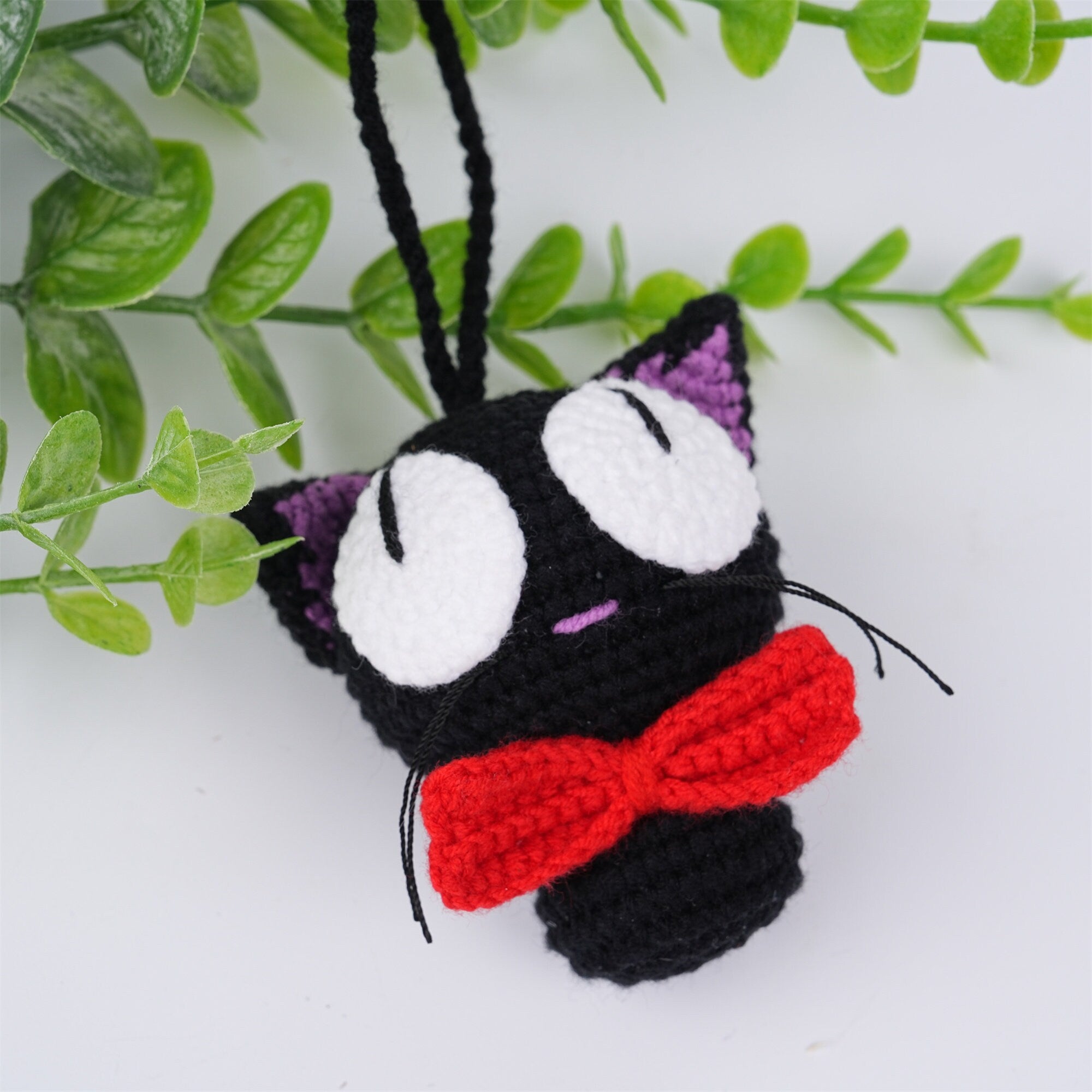 Handmade Knitte Red Bow Black Kitty Crochet Pendant Oranment