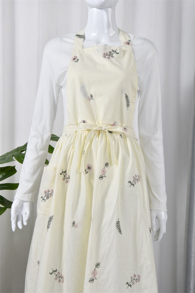 Handmade Embroidered Floral Apron with Pocket