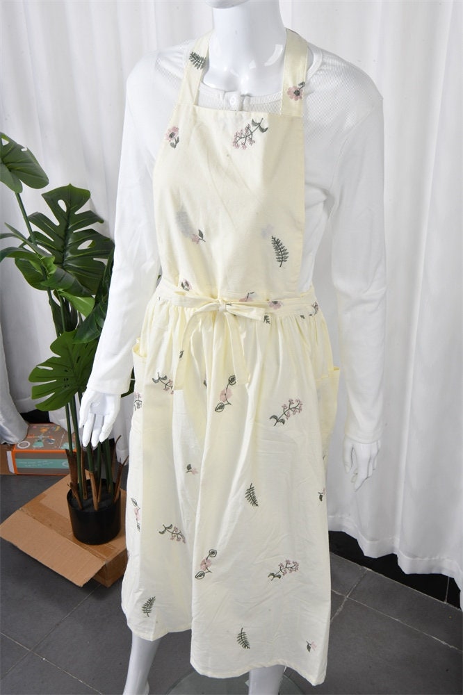 Handmade Embroidered Floral Apron with Pocket