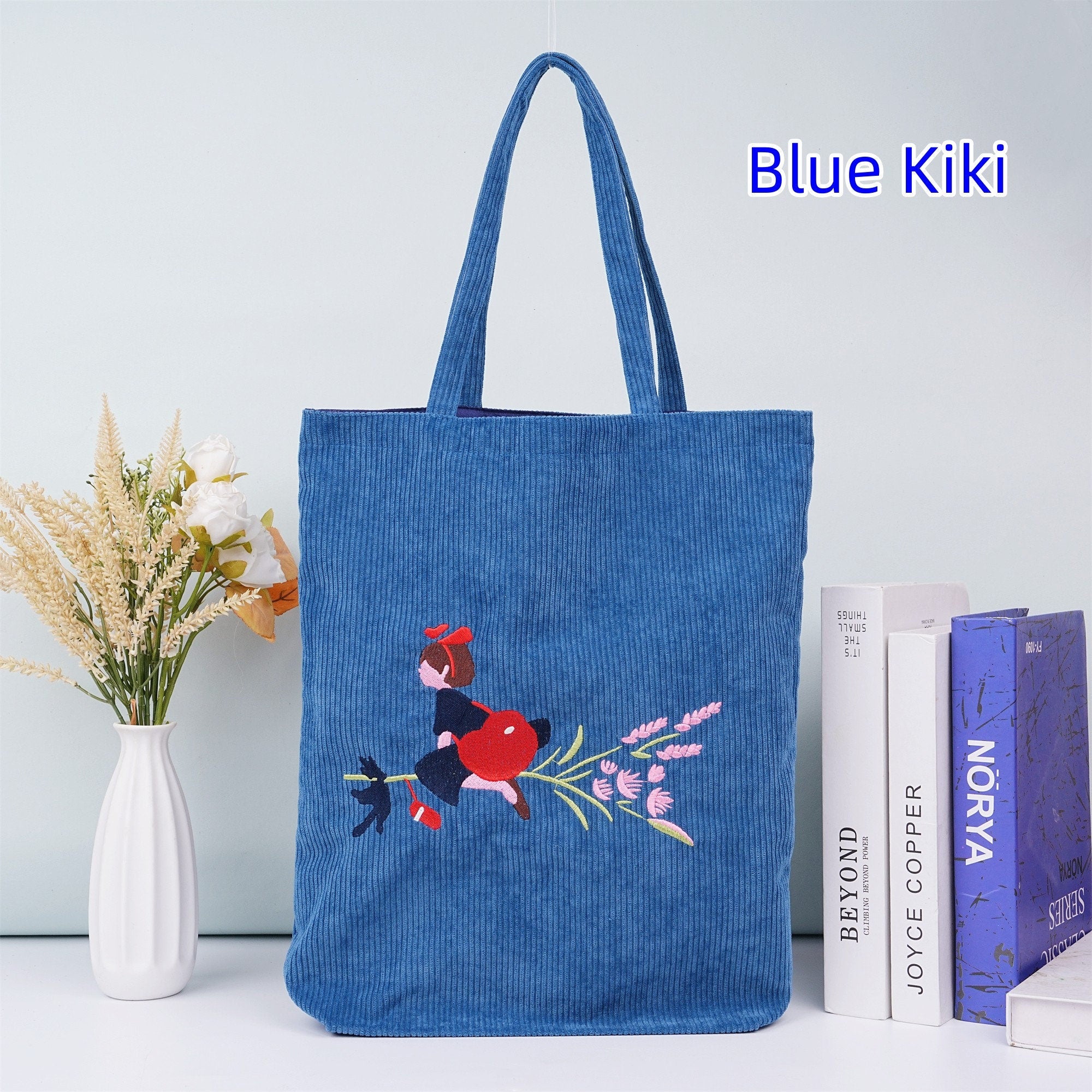 Handmade Totoro/Kiki/Black Cat Embroidered Corduroy Shoulder Tote Bag