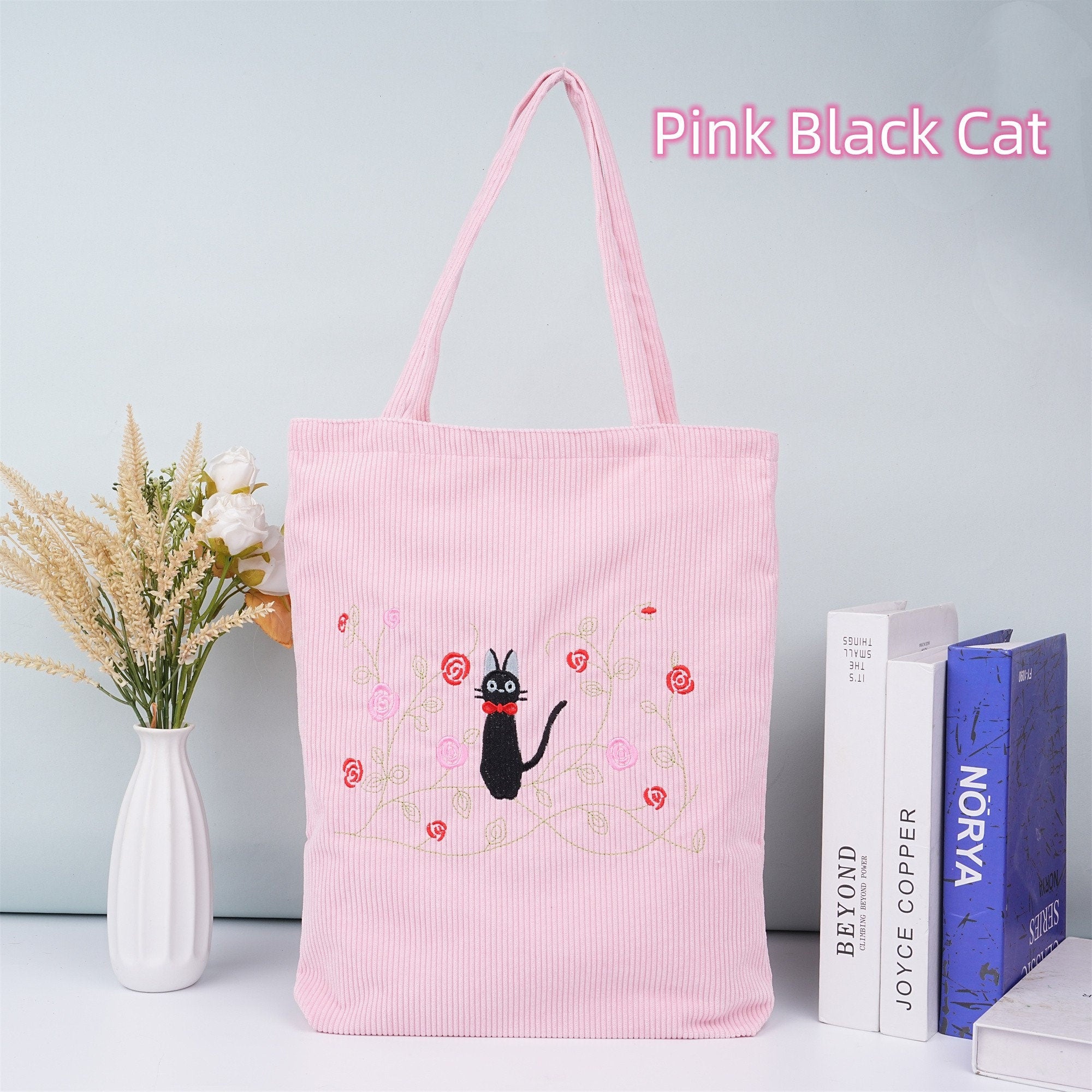 Handmade Totoro/Kiki/Black Cat Embroidered Corduroy Shoulder Tote Bag