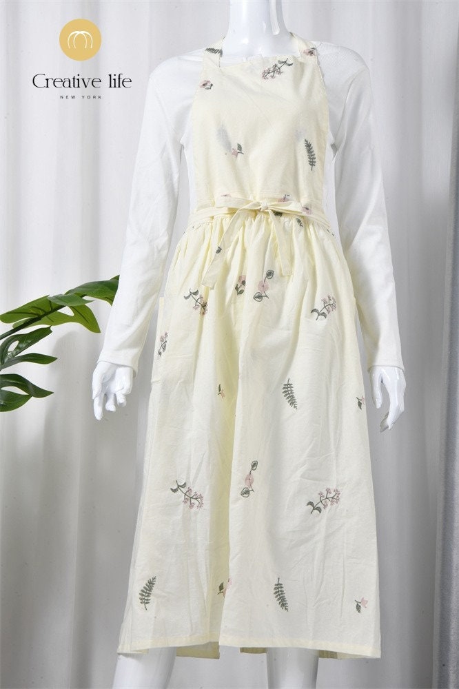 Handmade Embroidered Floral Apron with Pocket