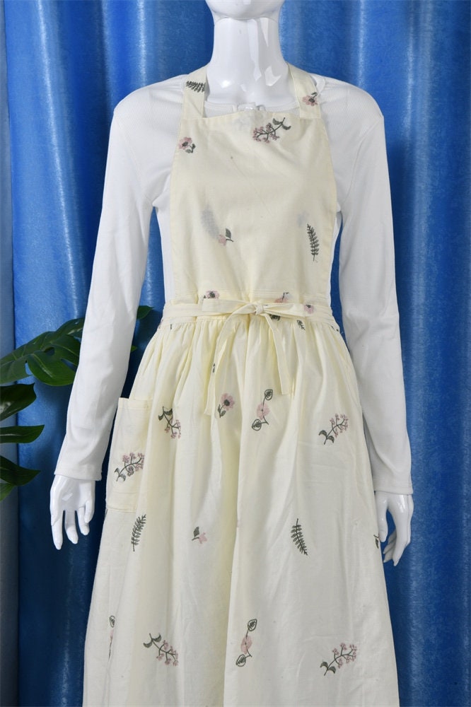 Handmade Embroidered Floral Apron with Pocket
