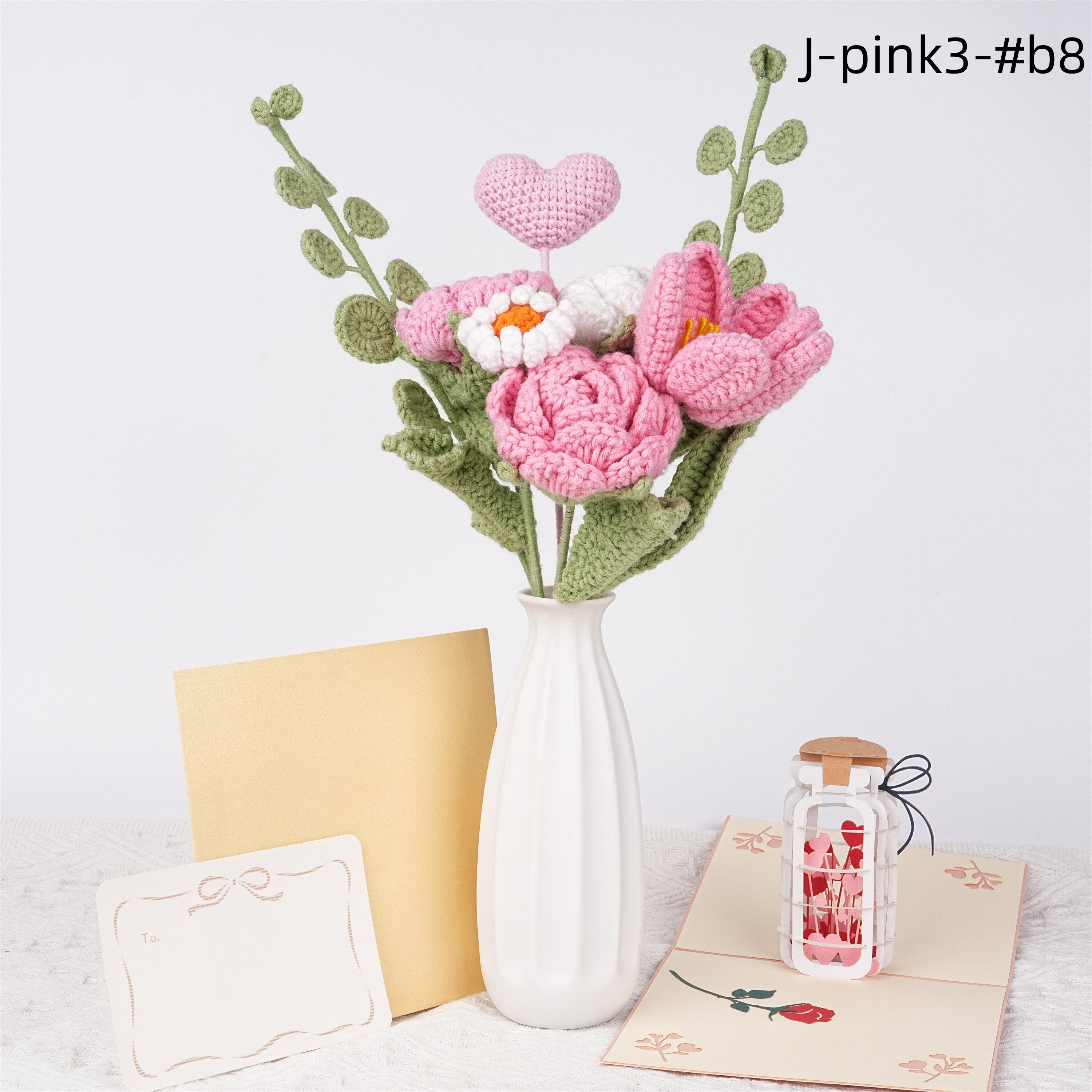 Handmade Rose Daisy Tulips Crochet Bouque with Gift Card