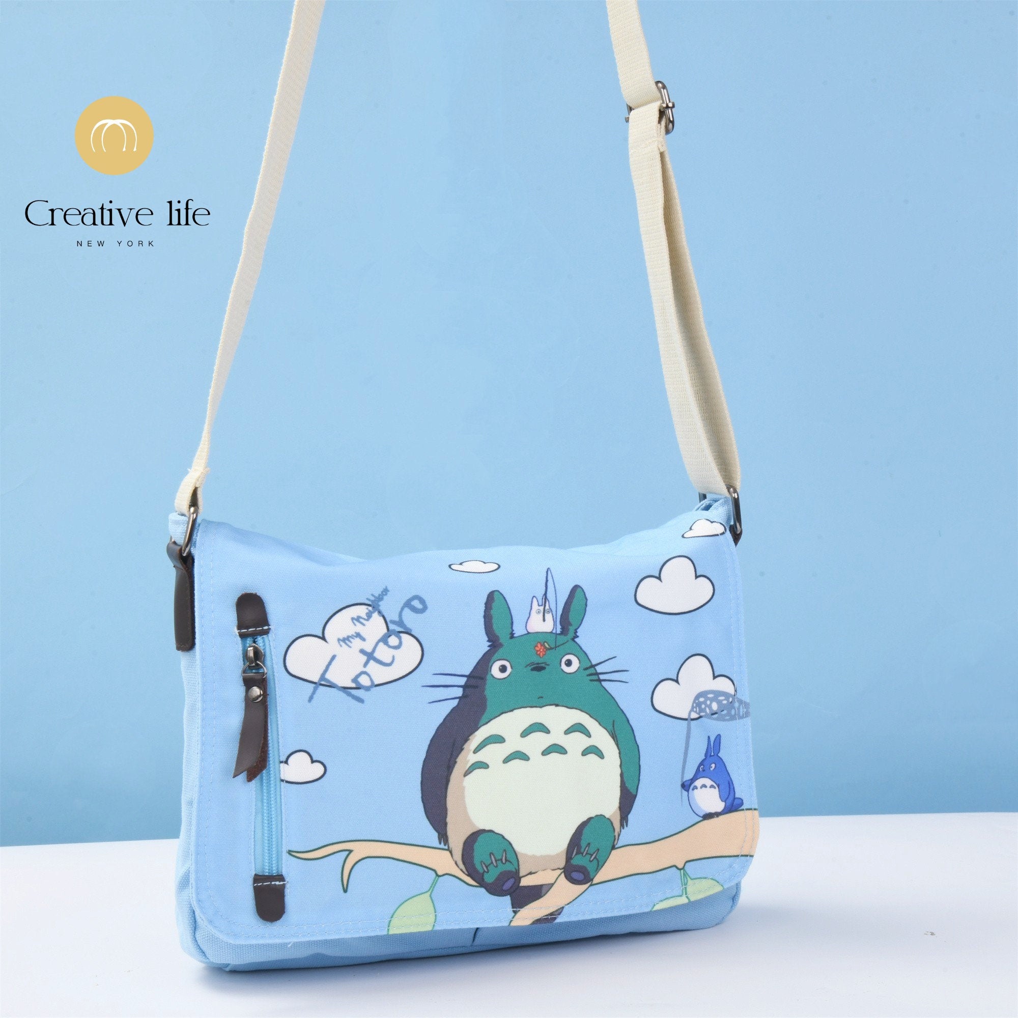 Blue Cartoon Totoro Clouds Canvas Crossbody Bag