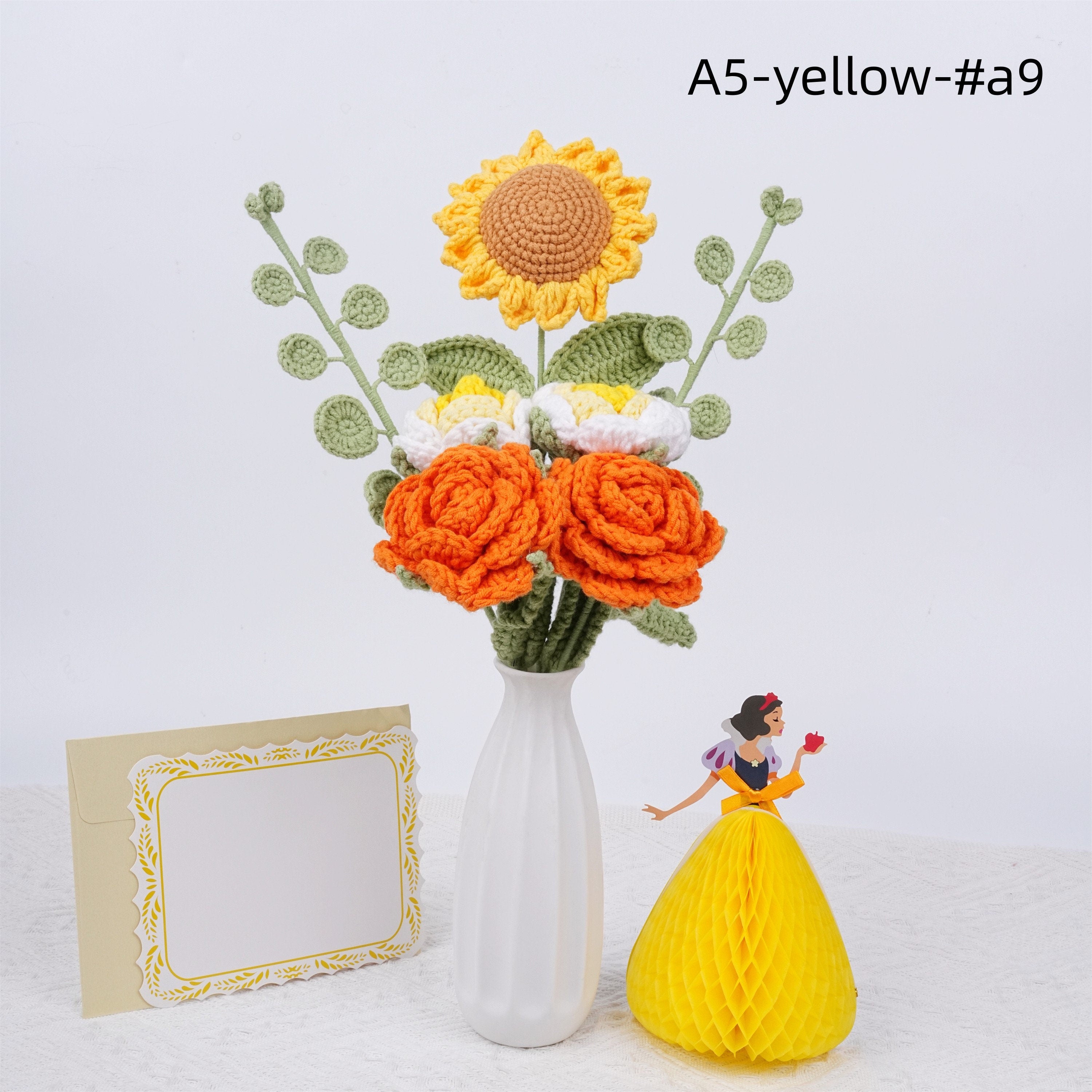 7PCS Handmade Roses Sunflower Crochet Bouquet with Birthday Card