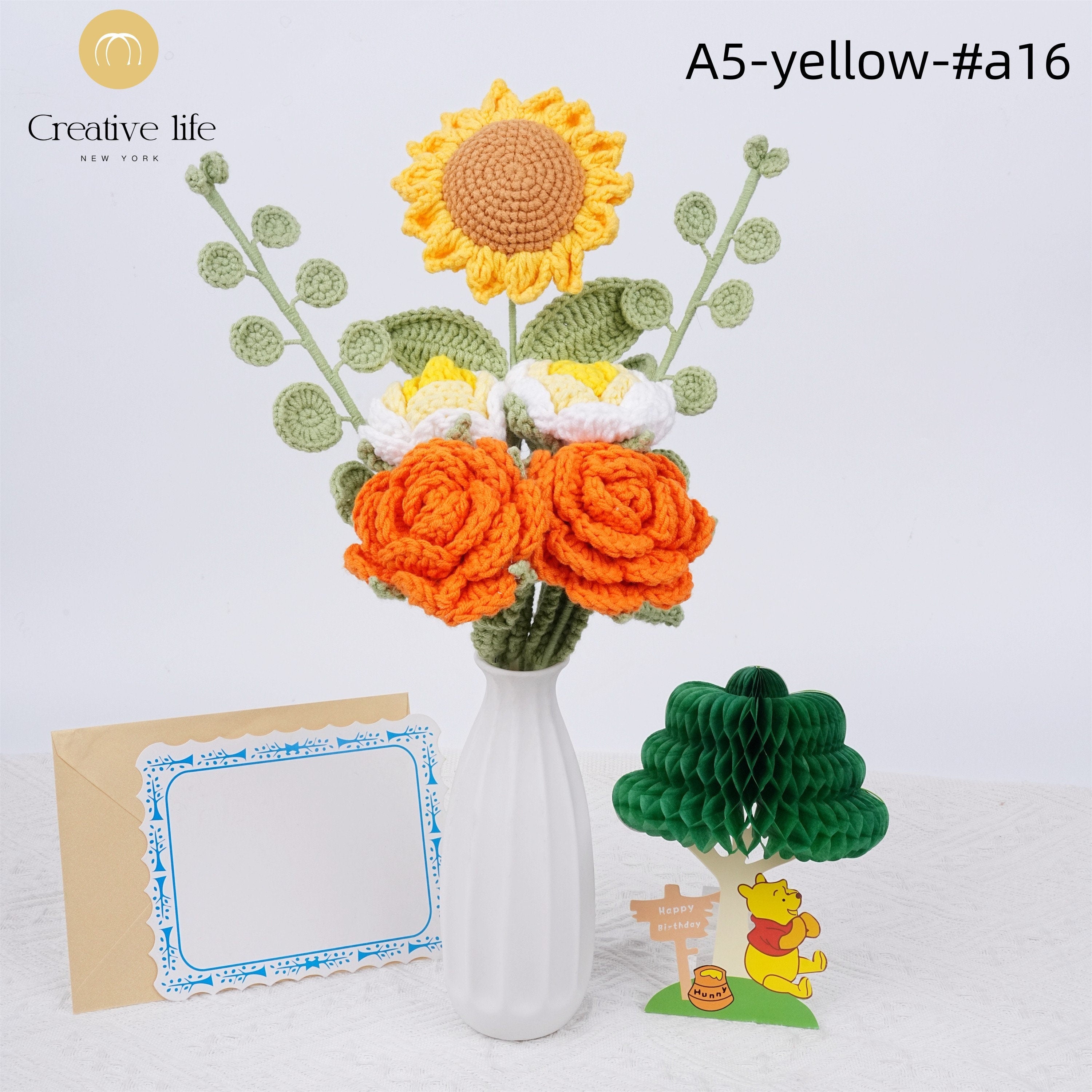 7PCS Handmade Roses Sunflower Crochet Bouquet with Birthday Card