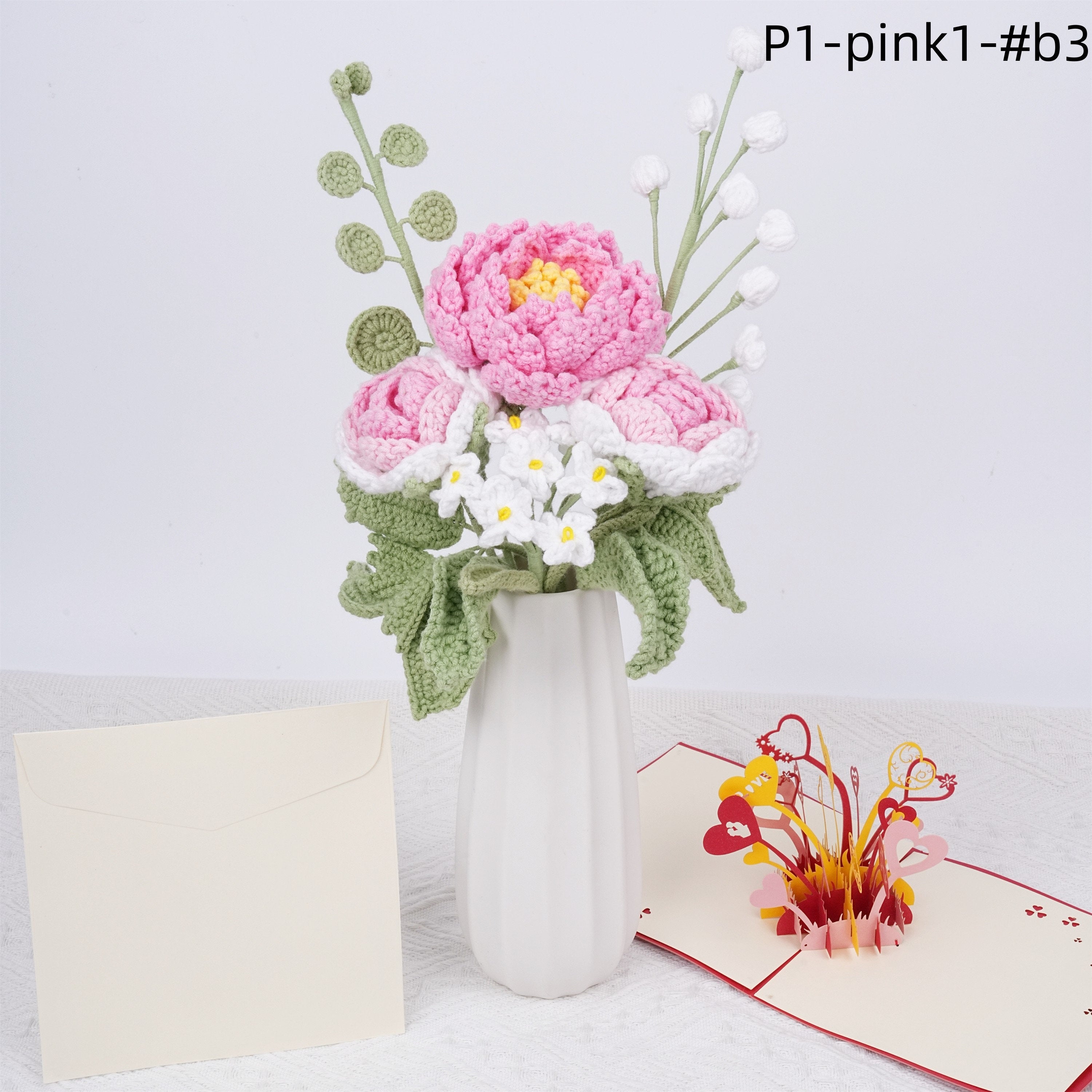 6PCS Handmade Peony&Rose Crochet Bouquet with Valentine's Day Cards