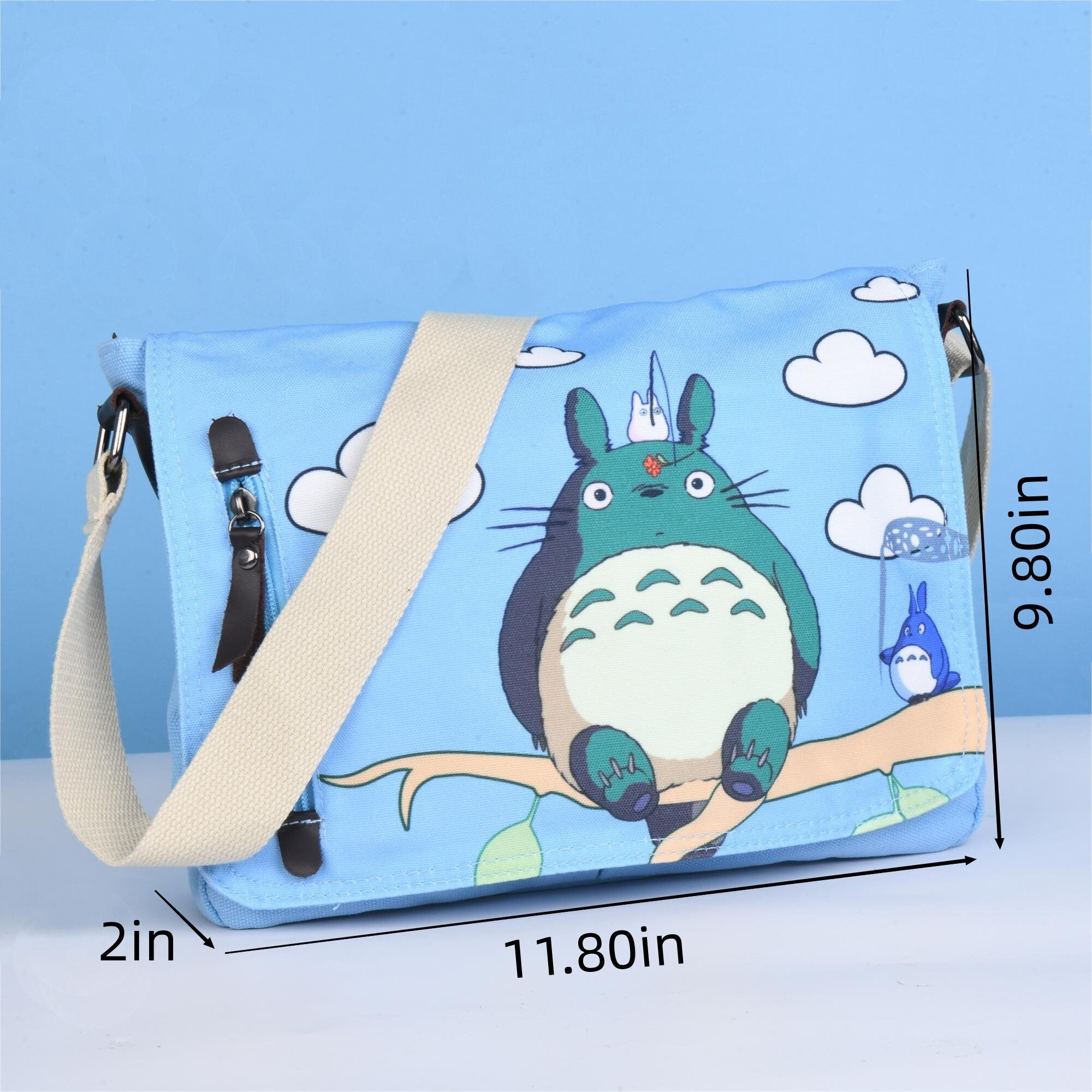 Blue Cartoon Totoro Clouds Canvas Crossbody Bag