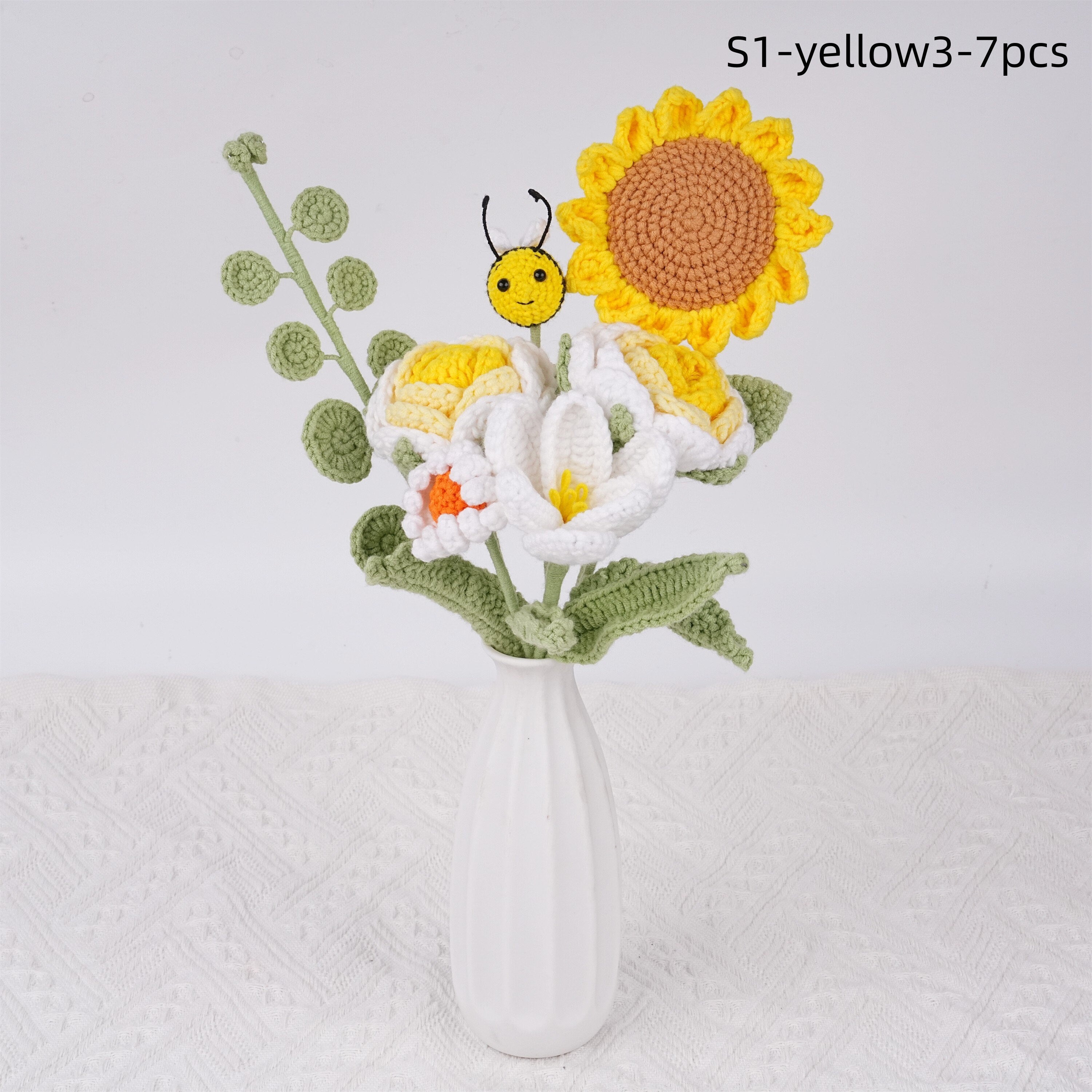 7PCS Handmade Sunflower Bee Rose Tulip Daisy Eucalyptus Crochet Bouquet