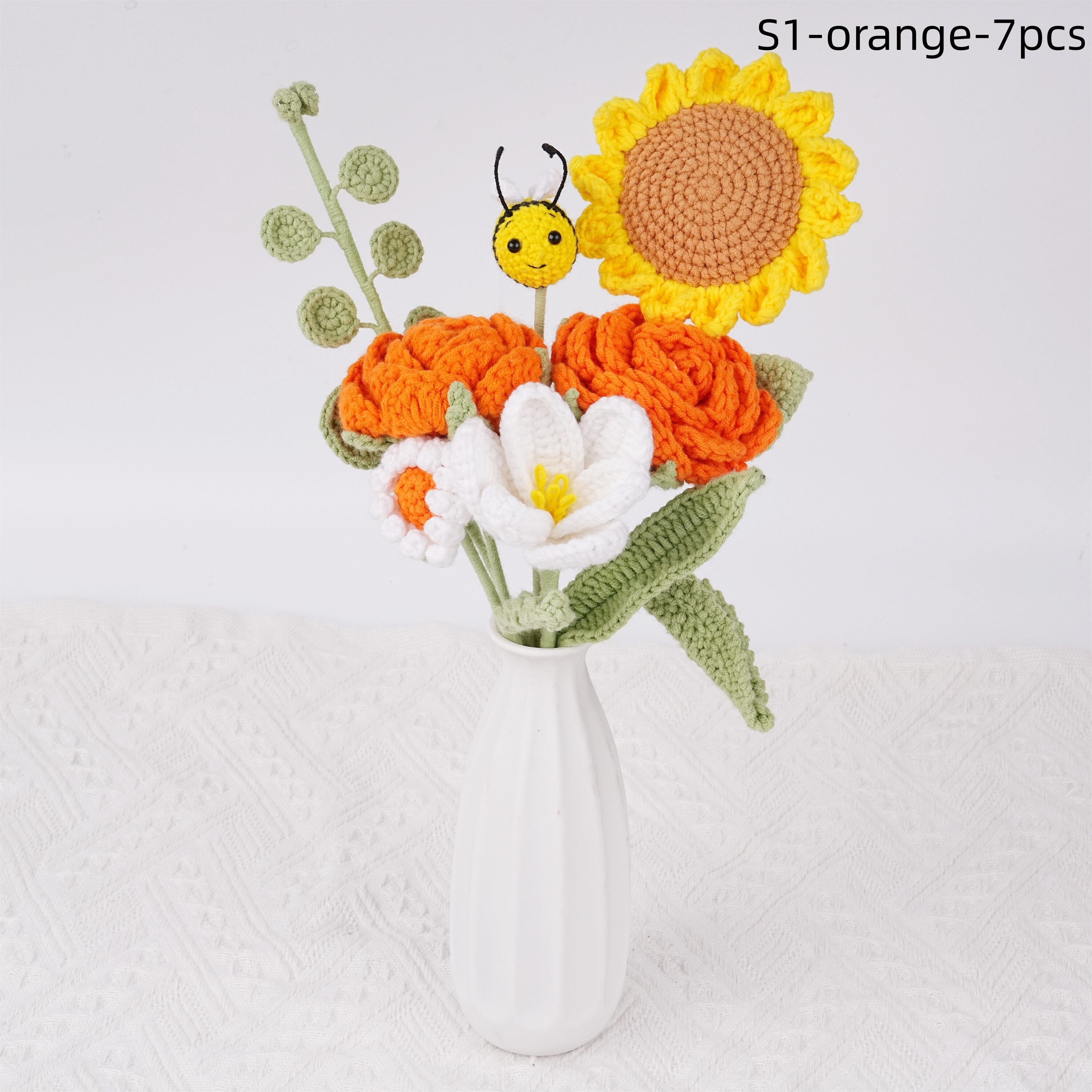 7PCS Handmade Sunflower Bee Rose Tulip Daisy Eucalyptus Crochet Bouquet