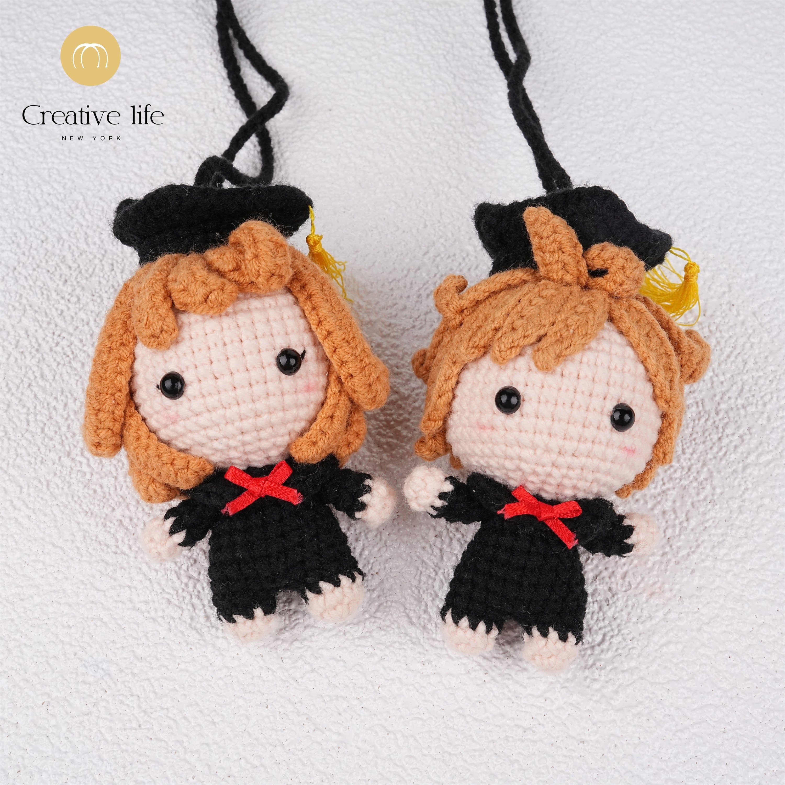 Handmade Crochet Graduation Boy and Girl Car Pendant Oranment