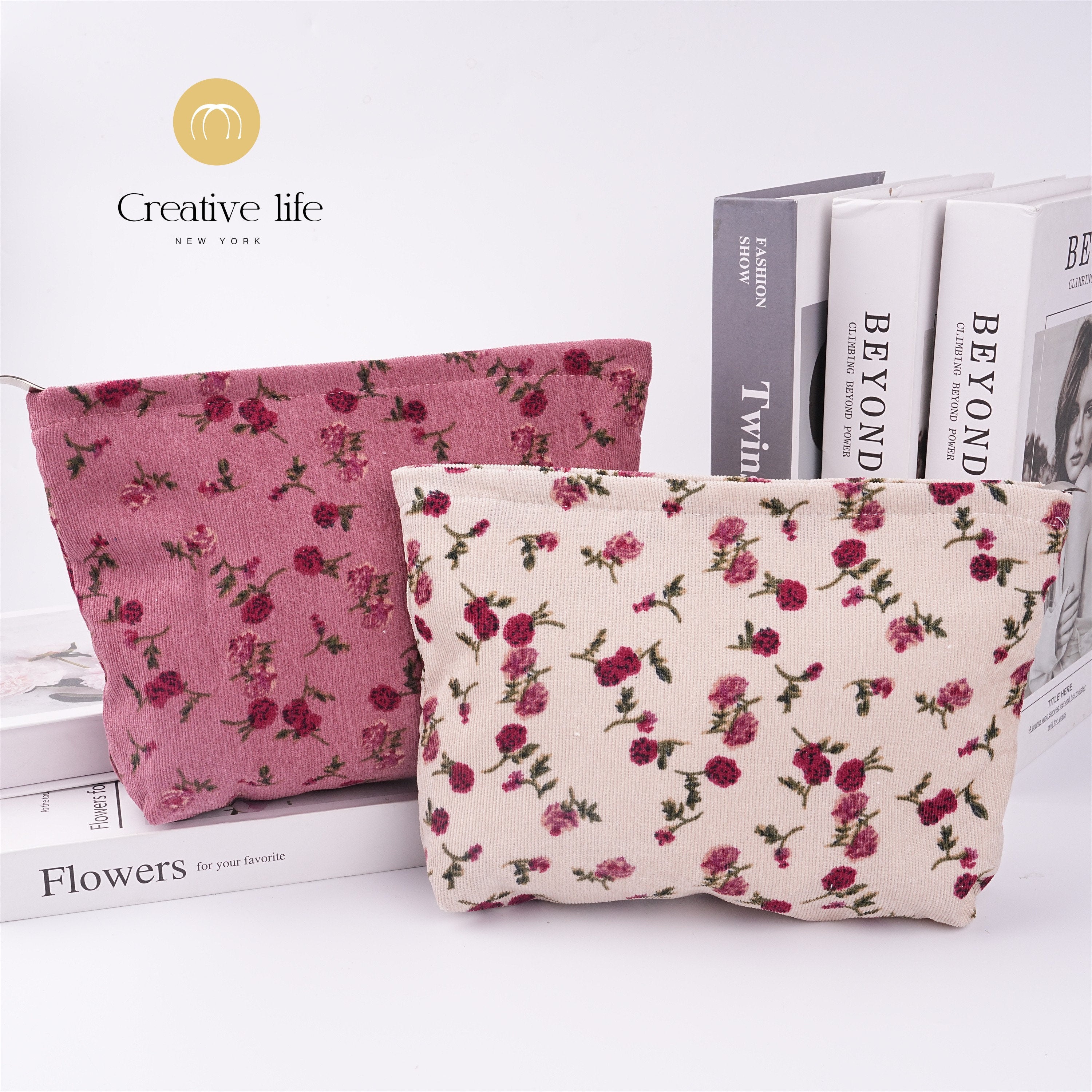 Handmade Rose Flowers Corduroy Cosmetic Bag