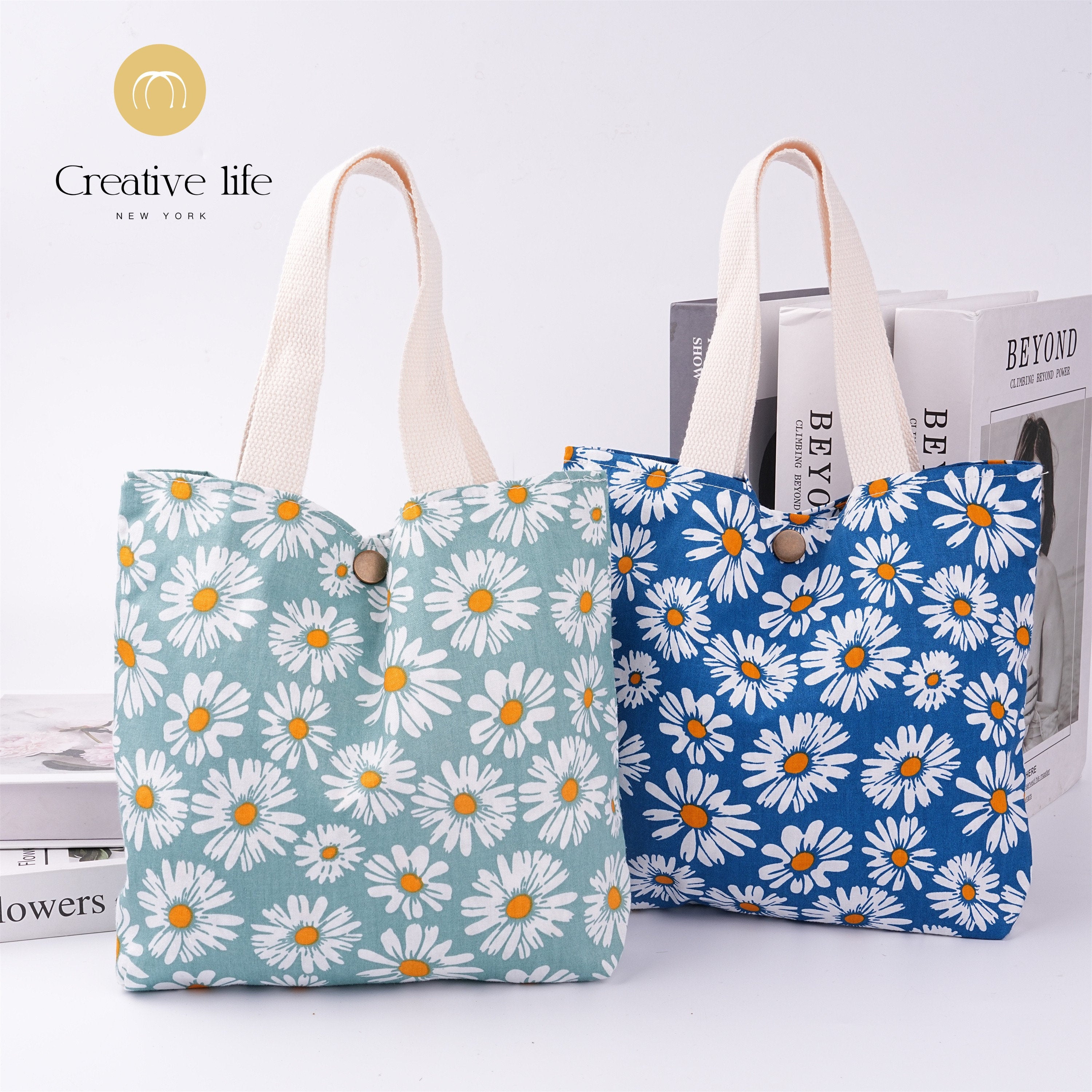 Handmade Daisy Cotton Fabric Tote Bag