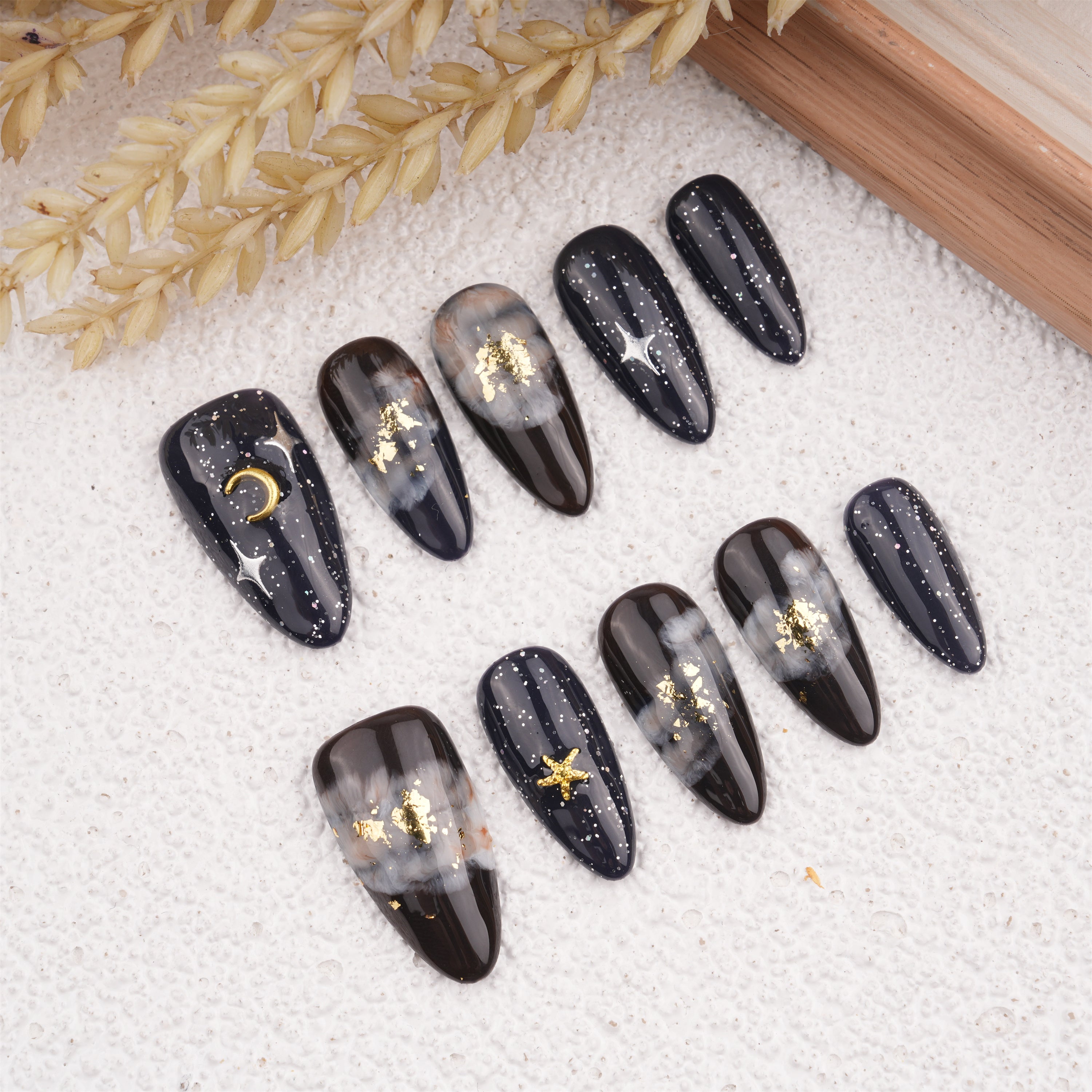 Black Marble Smudge Short Press on nails,Stars & Moons Fake Nails,Birthday Gifts