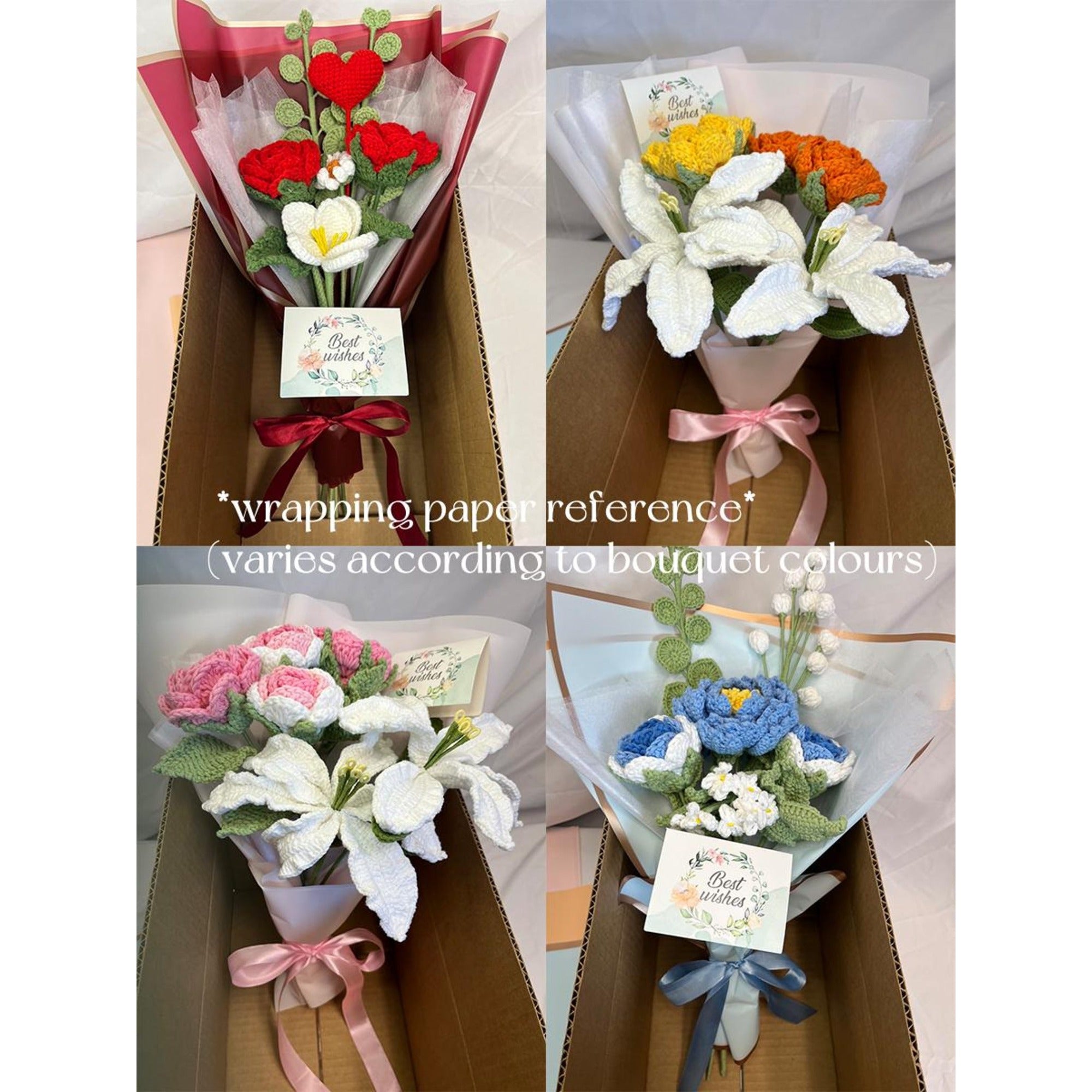 White Lily Bouquet- 5PCS,Rose,Tulip,Snowberry,Leaf,Knitted Yarn Flowers Home Centrepieces,Anniversary,Birthday,Mother‘s Day
