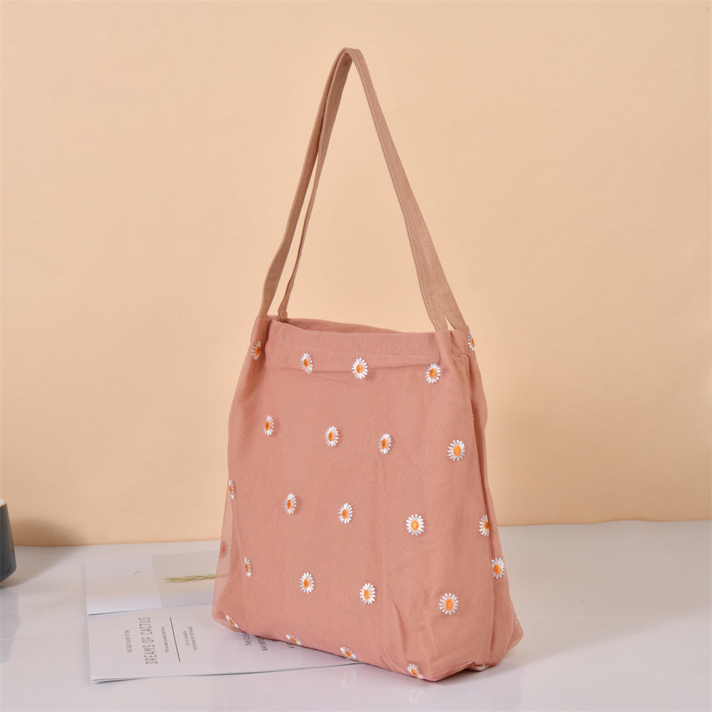 Daisy Lace Embroidery Mesh Fall Medium Tote Bag