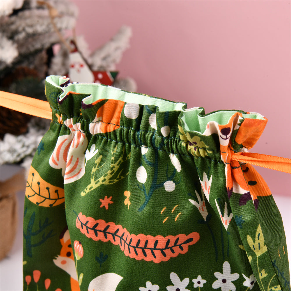 Fox and Plant Green Drawstring Gift Bag