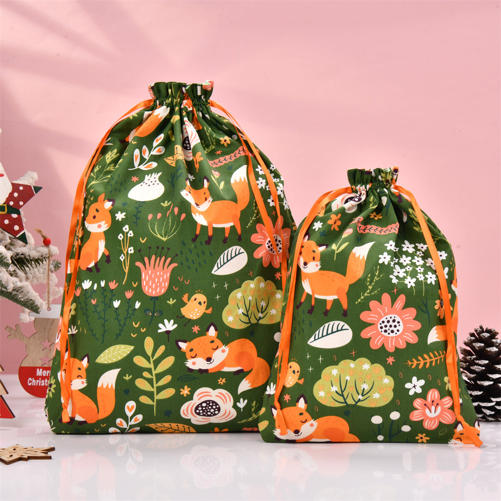 Fox and Plant Green Drawstring Gift Bag