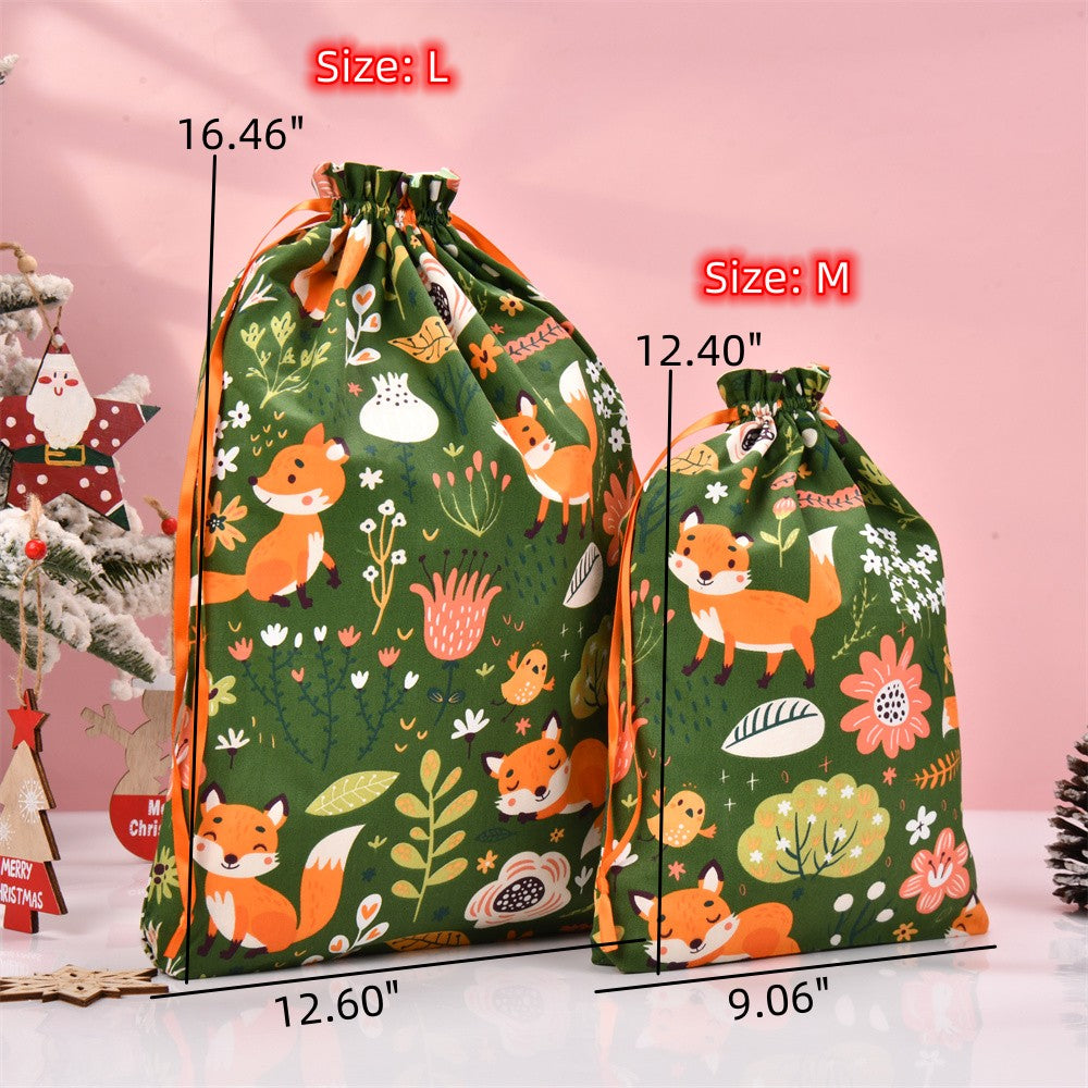 Fox and Plant Green Drawstring Gift Bag